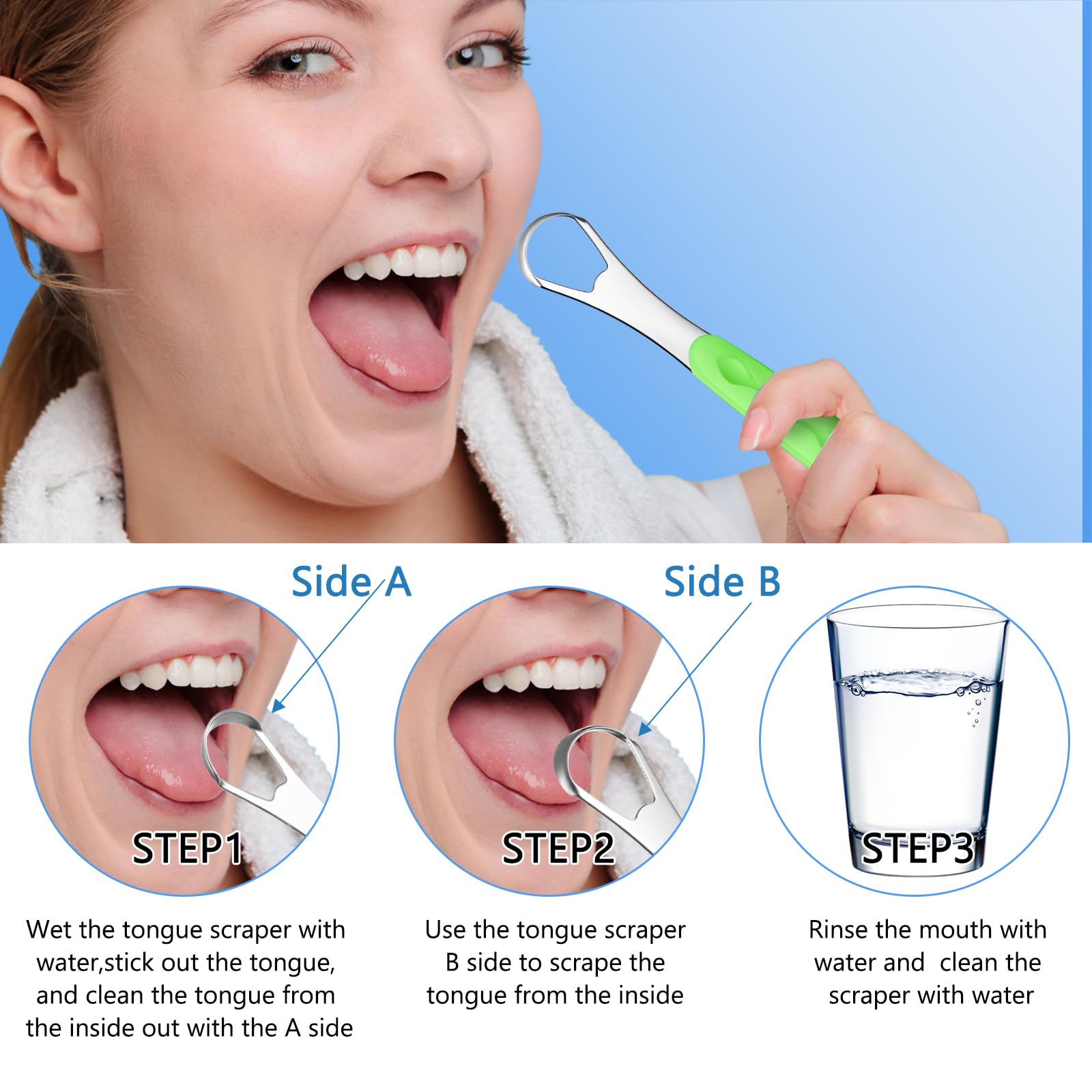 Yinkin 4 Pcs Stainless Steel Tongue Scraper Cleaner for Adults and Kids with Travel Cases Reduces Bad Breath in Orange Green Black and Purple - View 6 of 7