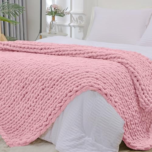 Bigacogo Bigacogo Chunky Knit Throw Blanket 51x63 inches Hand Knitted Jumbo Chenille Yarn Cozy Soft Cable Crochet for Sofa Bed Living Room Blush Pink