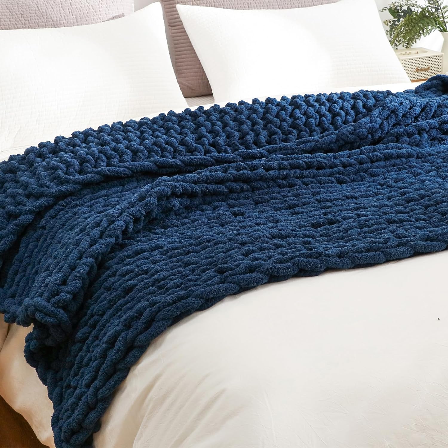 YAAPSU YAAPSU Chunky Knit Throw Blanket 51x63 Hand Knitted Thick Cable Knit Jumbo Chenille Yarn Soft Rope Knot Crochet for Sofa Bed Navy Blue - View 3 of 9