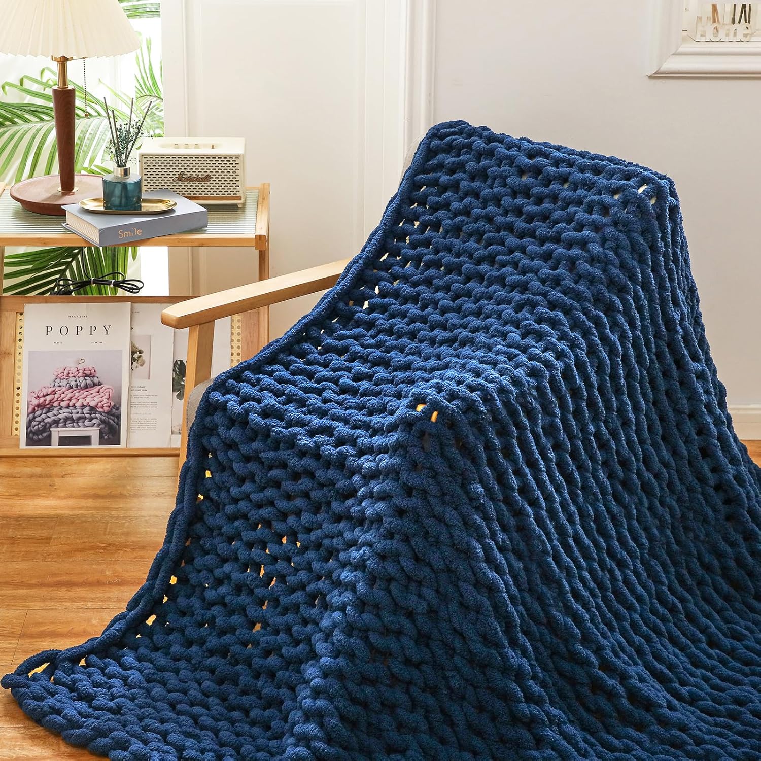 YAAPSU YAAPSU Chunky Knit Throw Blanket 51x63 Hand Knitted Thick Cable Knit Jumbo Chenille Yarn Soft Rope Knot Crochet for Sofa Bed Navy Blue - View 5 of 9