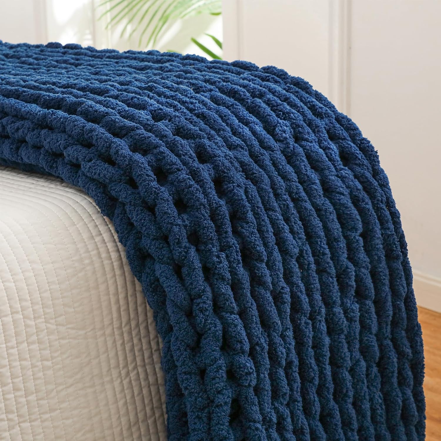 YAAPSU YAAPSU Chunky Knit Throw Blanket 51x63 Hand Knitted Thick Cable Knit Jumbo Chenille Yarn Soft Rope Knot Crochet for Sofa Bed Navy Blue - View 6 of 9