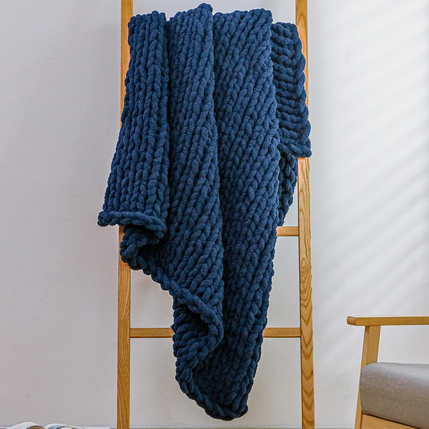 YAAPSU YAAPSU Chunky Knit Throw Blanket 51x63 Hand Knitted Thick Cable Knit Jumbo Chenille Yarn Soft Rope Knot Crochet for Sofa Bed Navy Blue - View 7 of 9