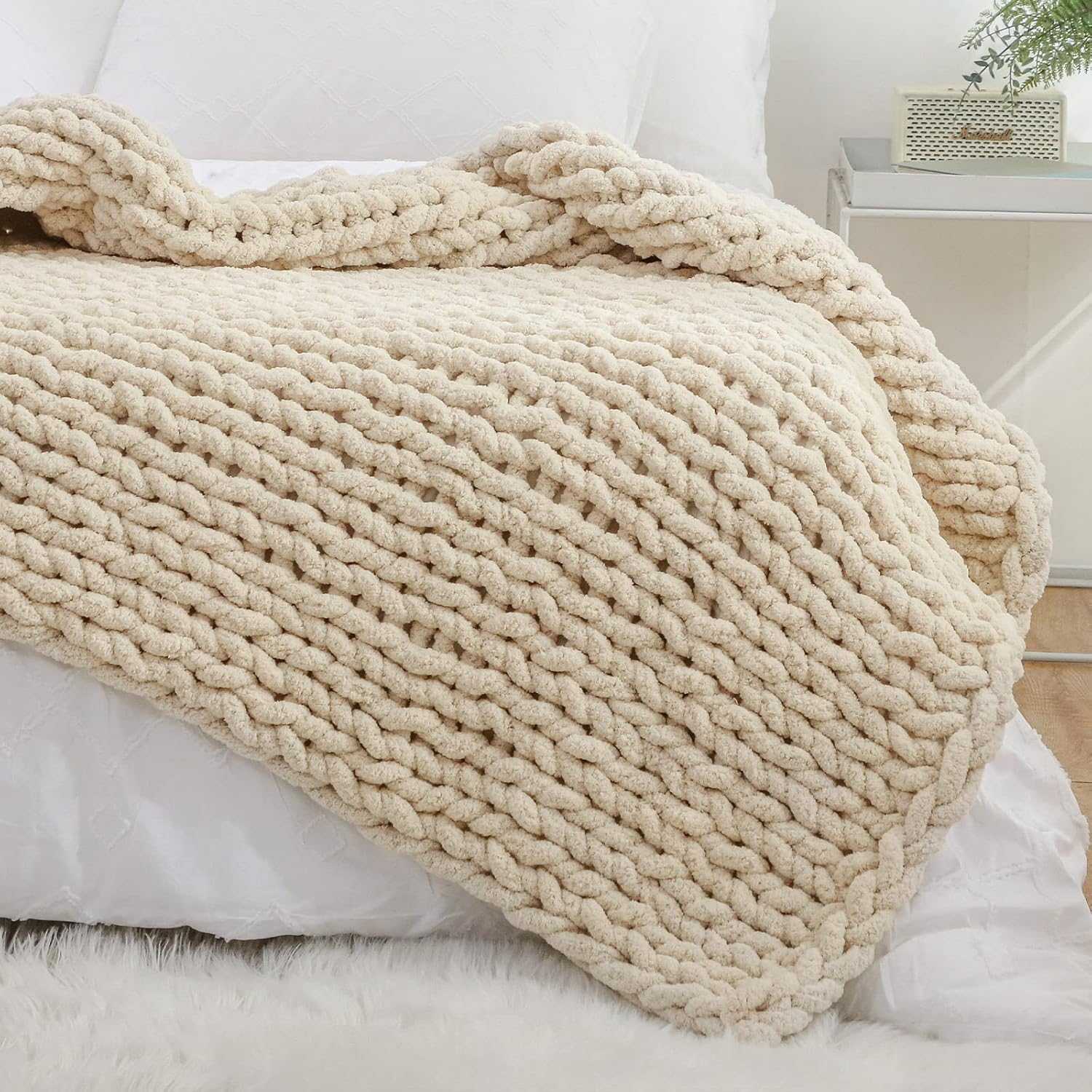 YAAPSU YAAPSU Chunky Knit Throw Blanket 51x63 Hand Knitted Thick Cable Knit Jumbo Chenille Yarn Soft Rope Knot Crochet for Sofa Bed Navy Blue - View 9 of 9