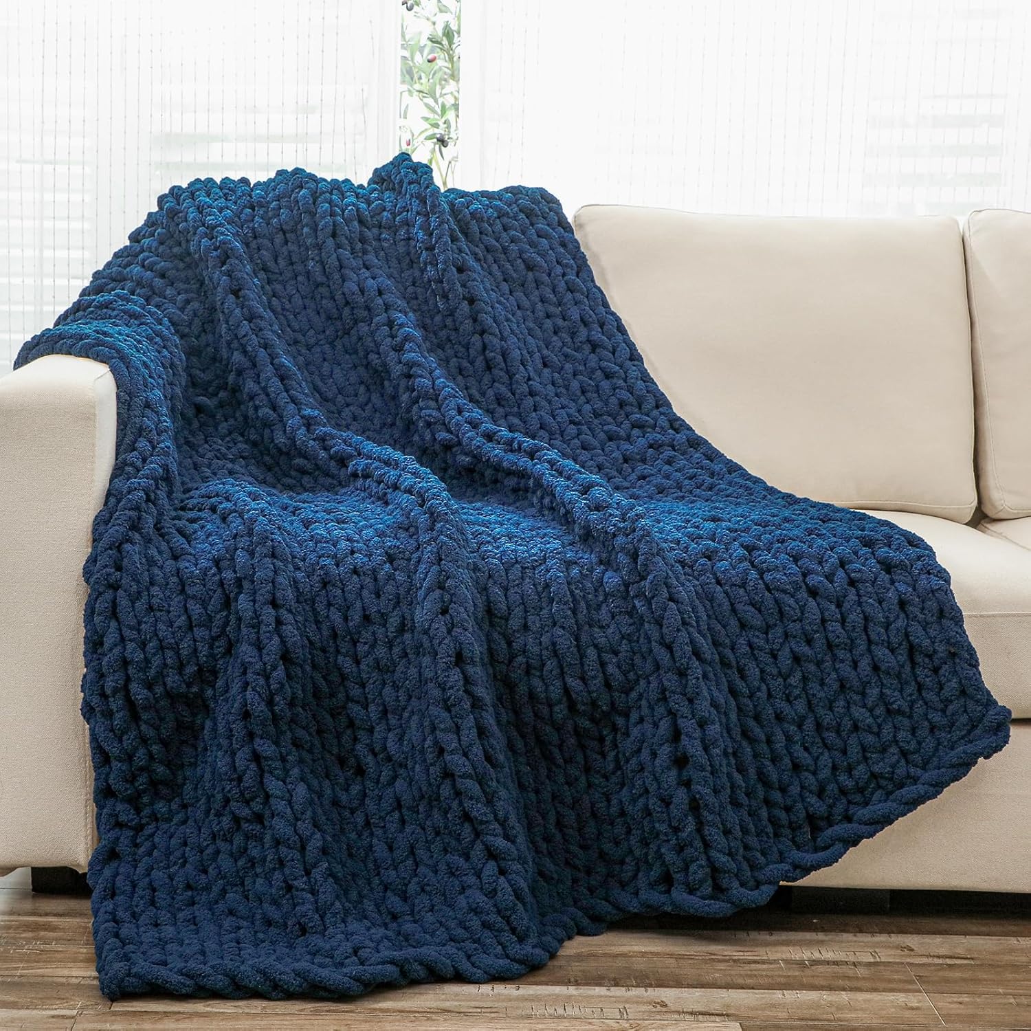 YAAPSU YAAPSU Chunky Knit Throw Blanket 51x63 Hand Knitted Thick Cable Knit Jumbo Chenille Yarn Soft Rope Knot Crochet for Sofa Bed Navy Blue