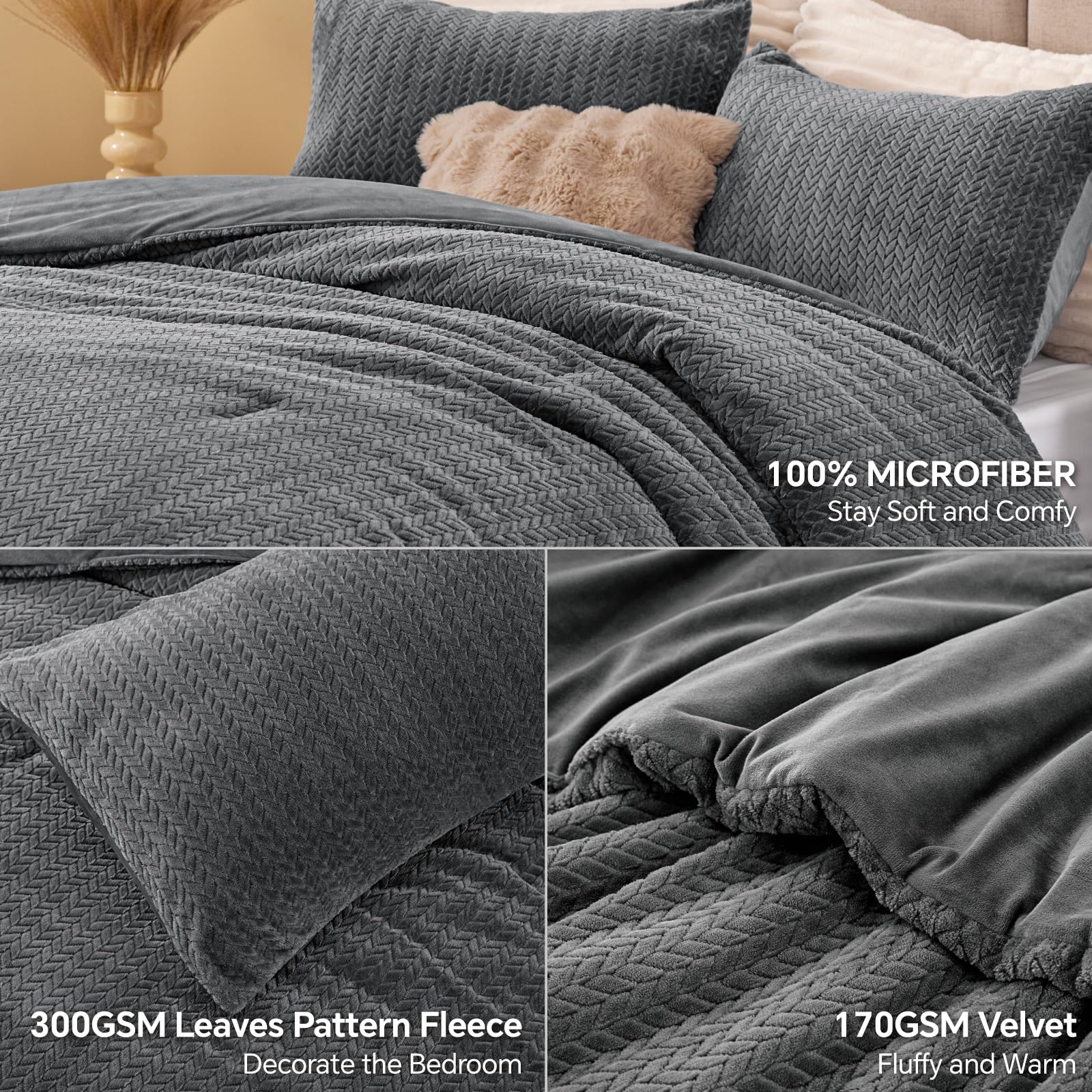ChiXpace ChiXpace Fluffy Queen Comforter Set Furry Grey Leaves Pattern Ultra Soft Velvet Bedding with 2 Pillow Cases Perfect for Winter - View 2 of 7