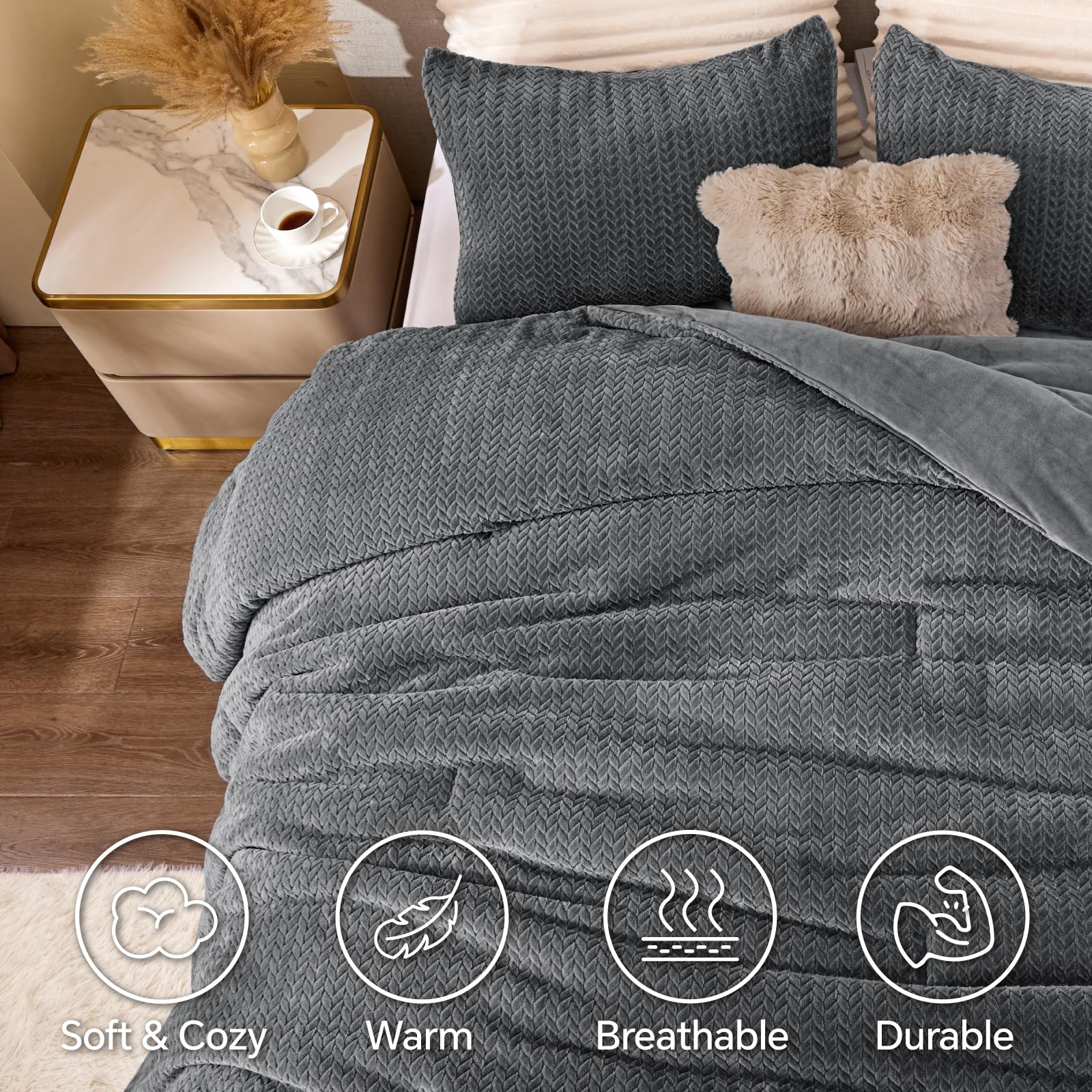 ChiXpace ChiXpace Fluffy Queen Comforter Set Furry Grey Leaves Pattern Ultra Soft Velvet Bedding with 2 Pillow Cases Perfect for Winter - View 3 of 7