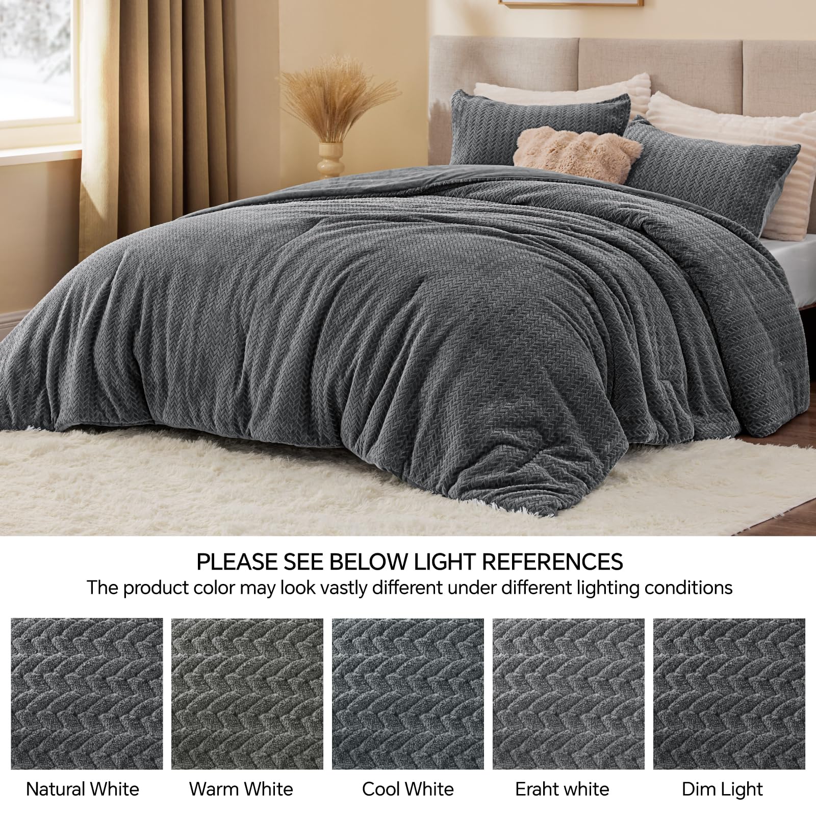 ChiXpace ChiXpace Fluffy Queen Comforter Set Furry Grey Leaves Pattern Ultra Soft Velvet Bedding with 2 Pillow Cases Perfect for Winter - View 5 of 7