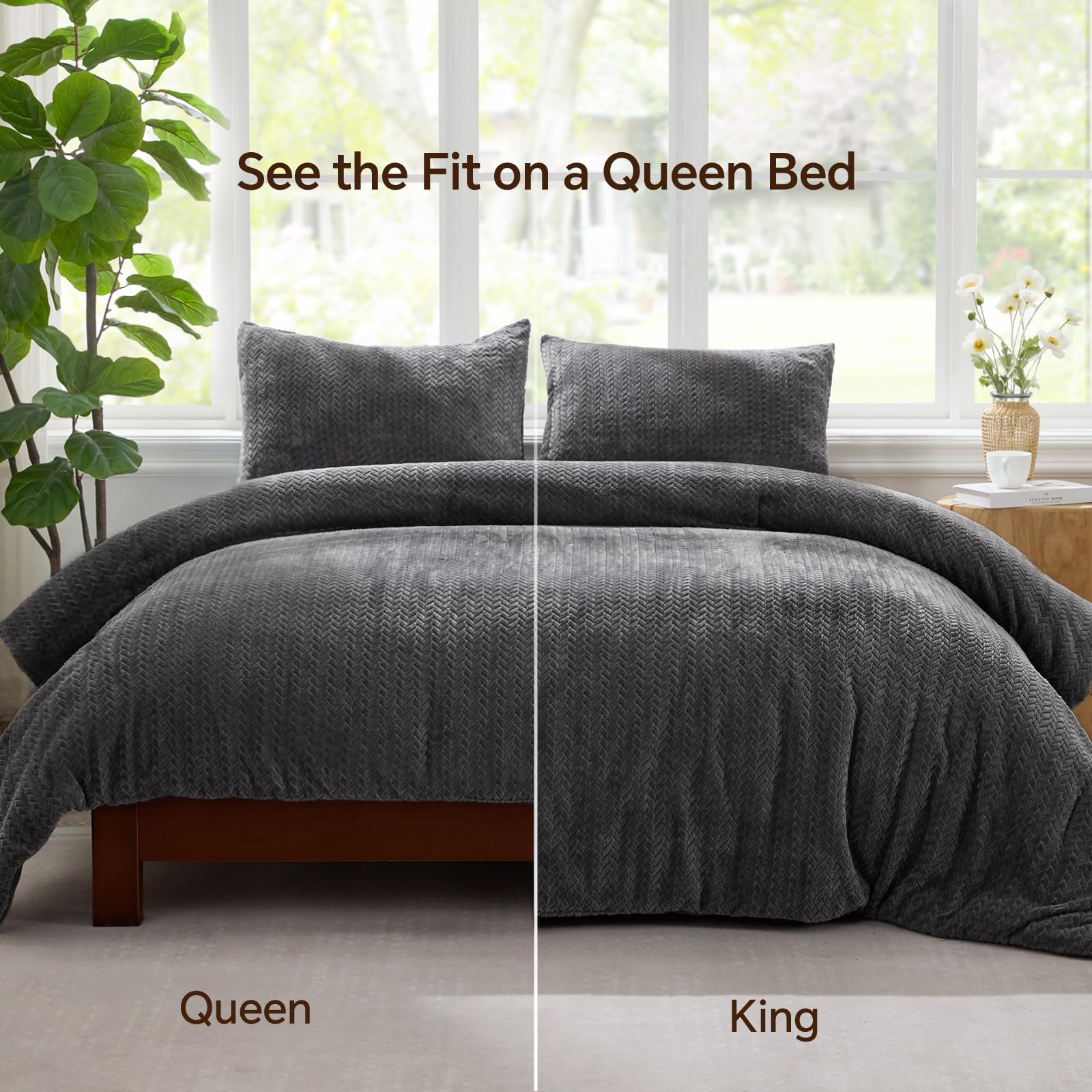 ChiXpace ChiXpace Fluffy Queen Comforter Set Furry Grey Leaves Pattern Ultra Soft Velvet Bedding with 2 Pillow Cases Perfect for Winter - View 6 of 7