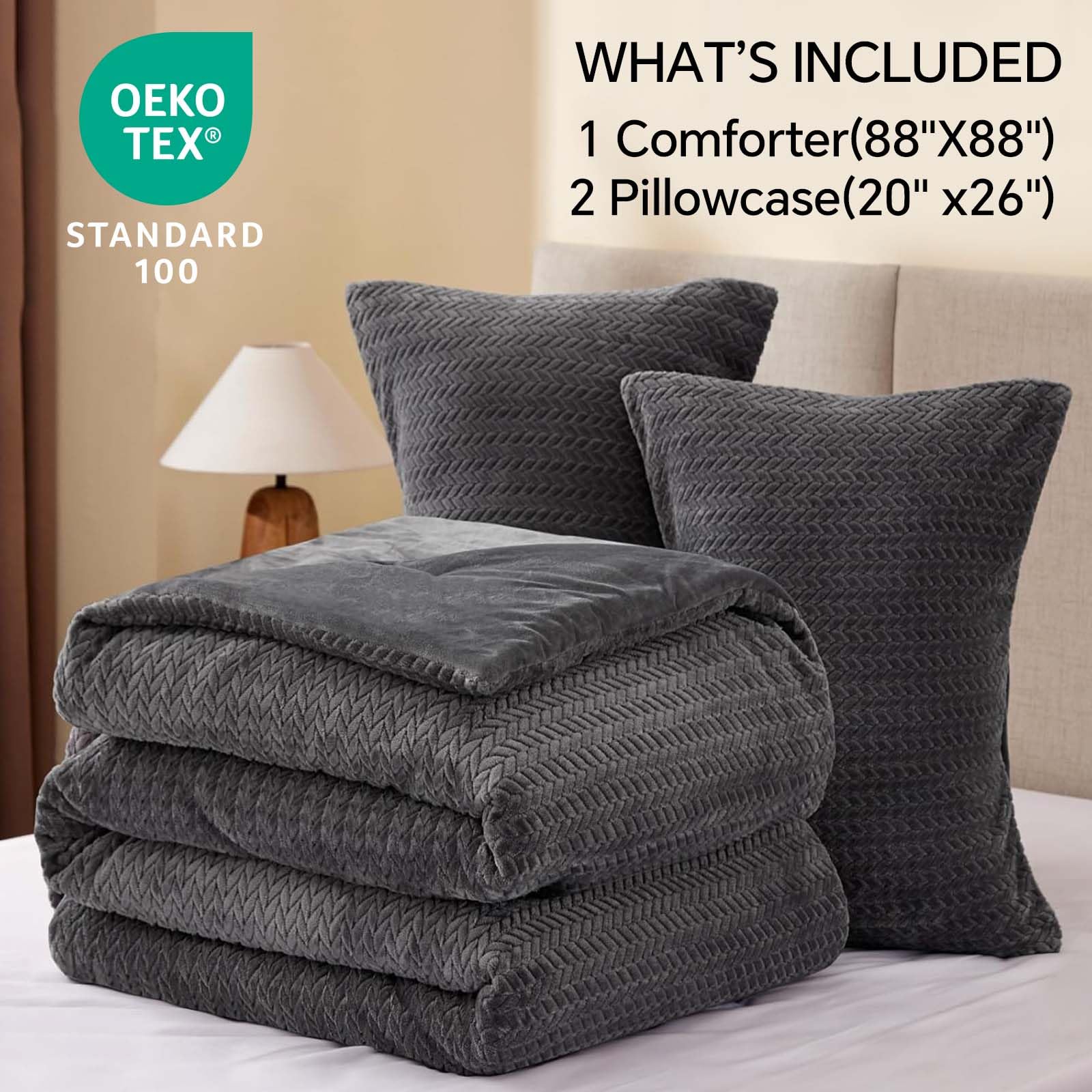 ChiXpace ChiXpace Fluffy Queen Comforter Set Furry Grey Leaves Pattern Ultra Soft Velvet Bedding with 2 Pillow Cases Perfect for Winter - View 7 of 7