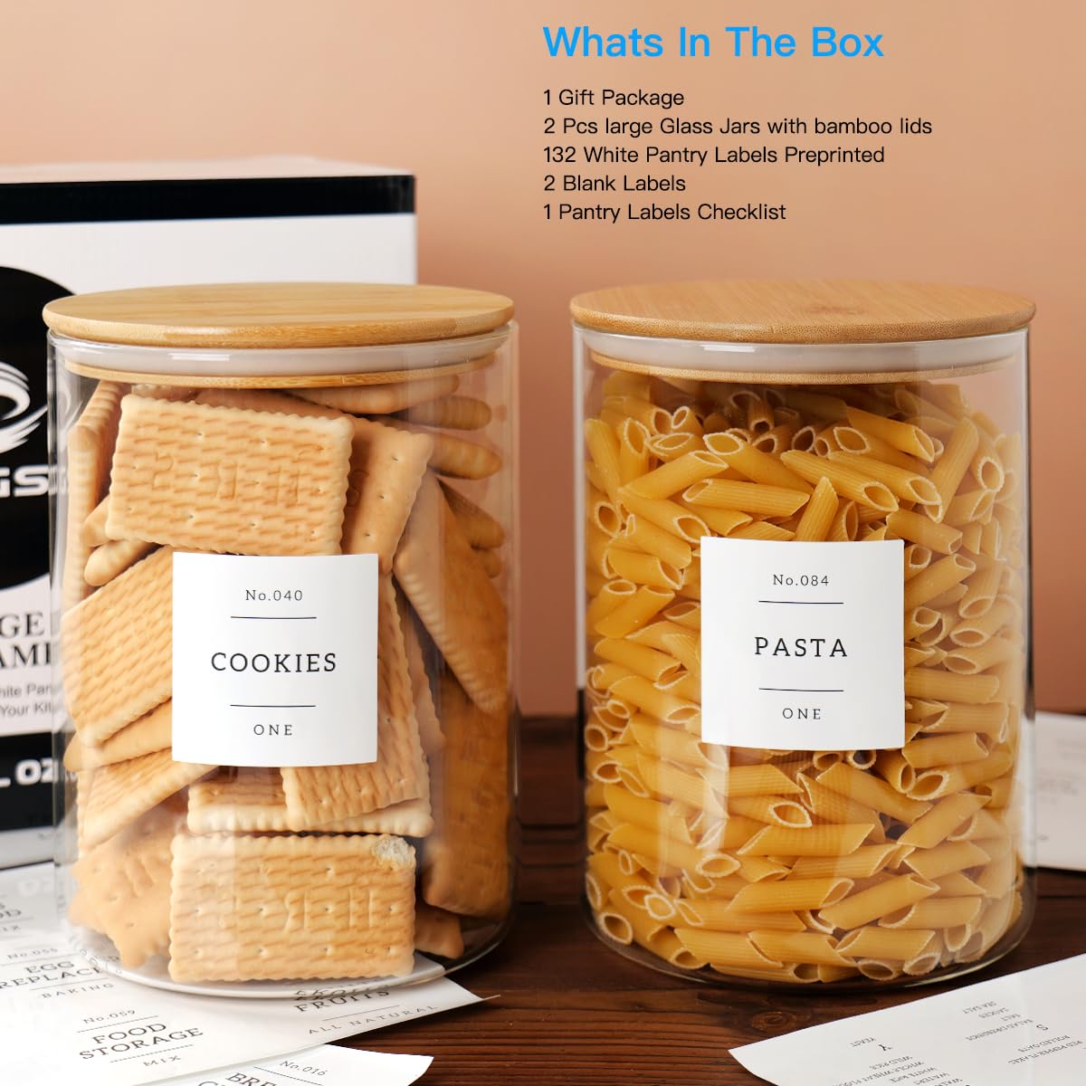 CZZGSM CZZGSM Set of 2 Large Glass Flour and Sugar Containers with Airtight Bamboo Lid and Kitchen Pantry Labels for Farmhouse Storage - View 2 of 8