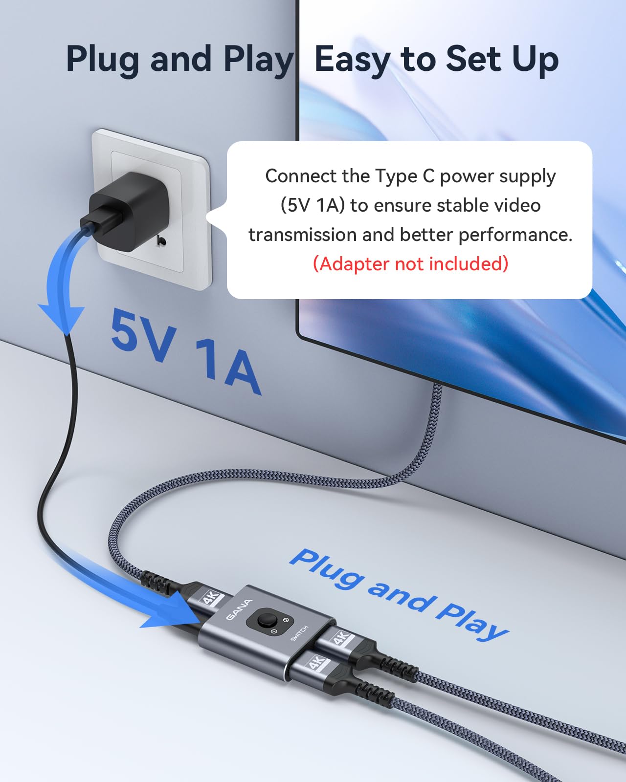 GANA GANA 4K HDMI Switch Splitter with 3FT Cable Bidirectional 2 in 1 Out Compatible with Xbox PS5 Fire Stick Roku Blu-Ray Player - View 7 of 9