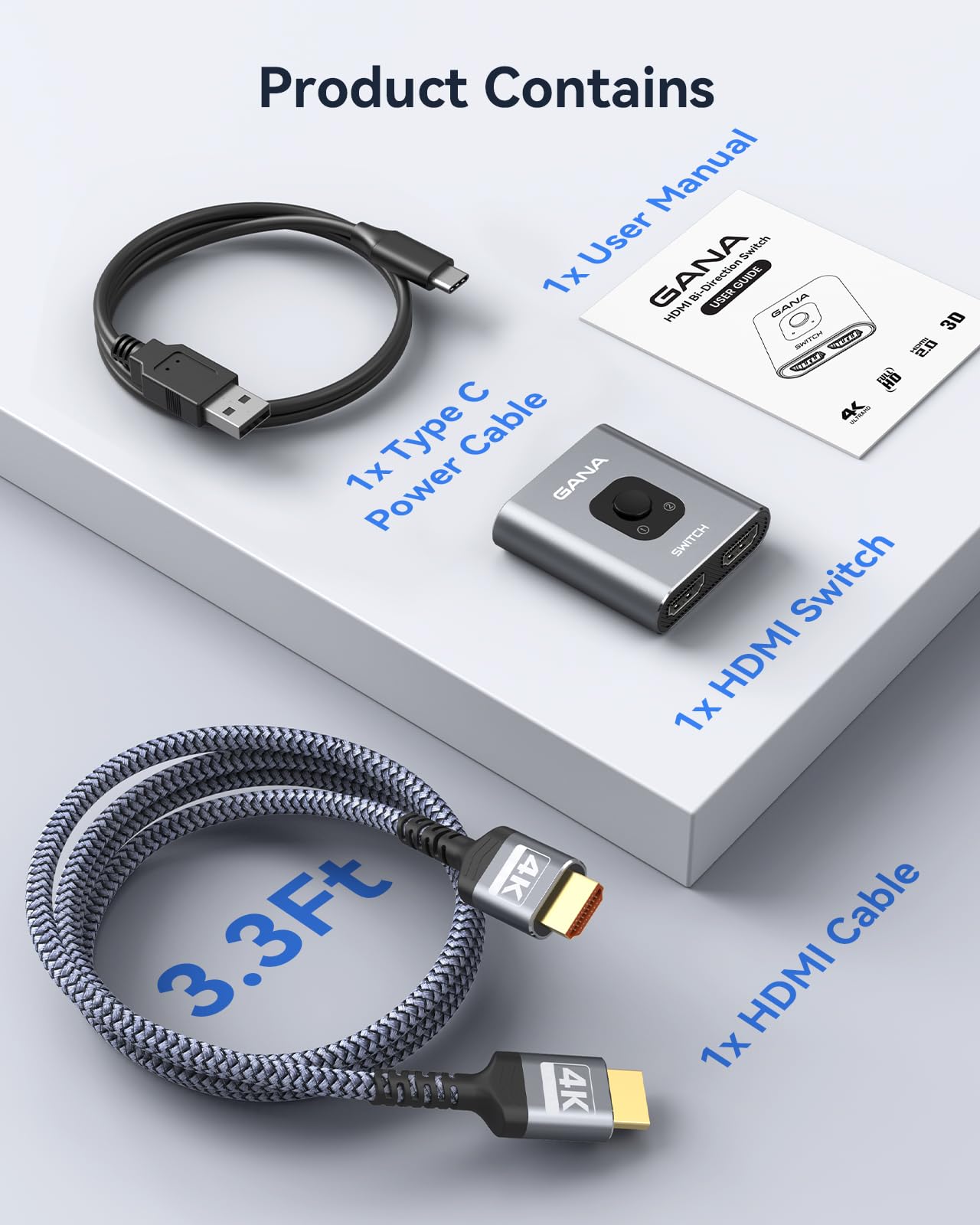 GANA GANA 4K HDMI Switch Splitter with 3FT Cable Bidirectional 2 in 1 Out Compatible with Xbox PS5 Fire Stick Roku Blu-Ray Player - View 8 of 9