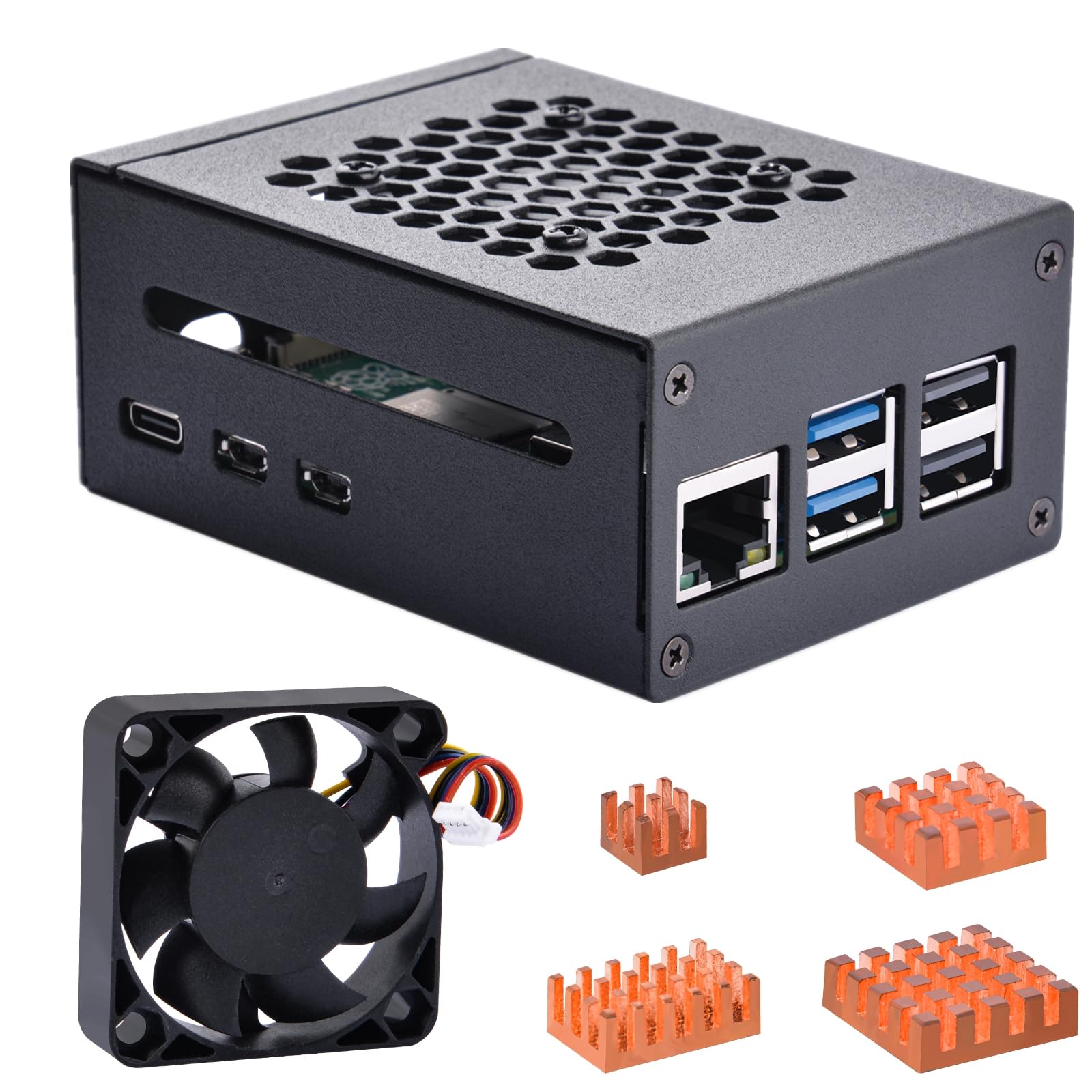 GeeekPi Metal Case for Raspberry Pi 5, Pi 5 Case with 4010 PWM Fan and Copper Heatsinks for Raspberry Pi 5 4GB/8GB, Support Official Pi 5 Active Cooler, X1000/X1001/X1003/N04/N05 PCIe Peripheral Board