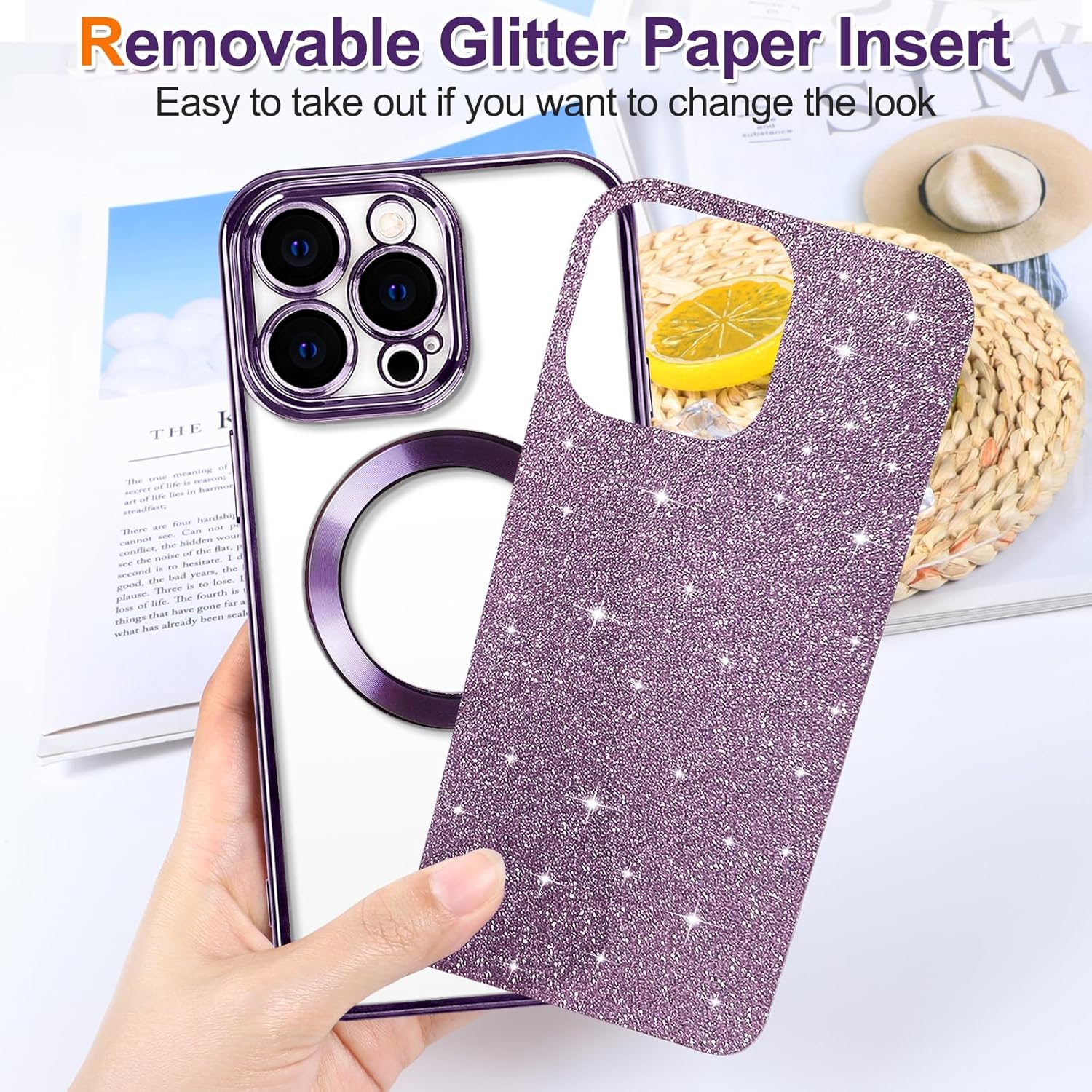 Hython Hython iPhone 15 Pro Max Case Glitter Clear Magnetic Soft TPU Slim Shockproof Cover with Camera Lens Protector for Women Purple - View 2 of 6