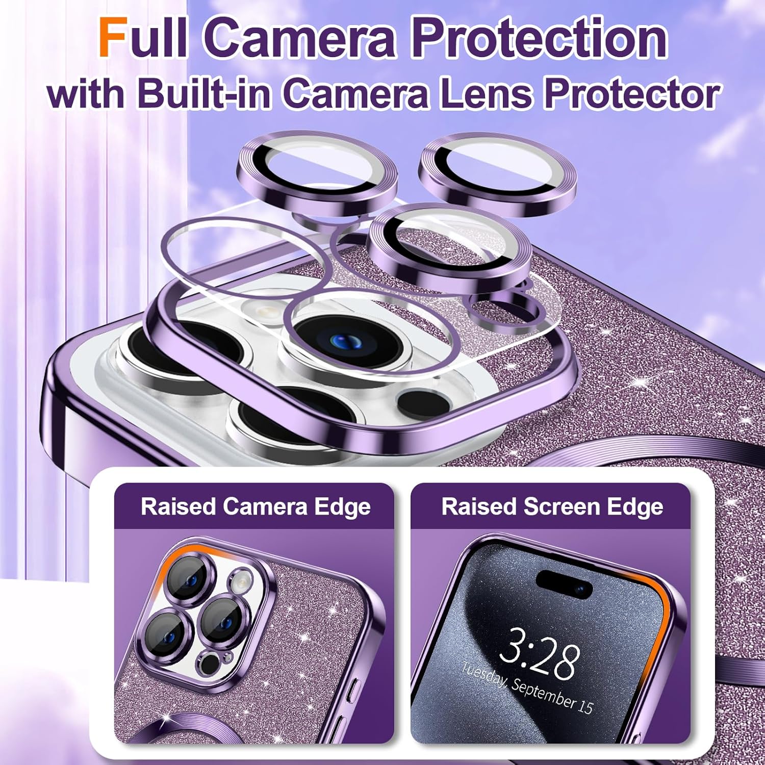 Hython Hython iPhone 15 Pro Max Case Glitter Clear Magnetic Soft TPU Slim Shockproof Cover with Camera Lens Protector for Women Purple - View 3 of 6
