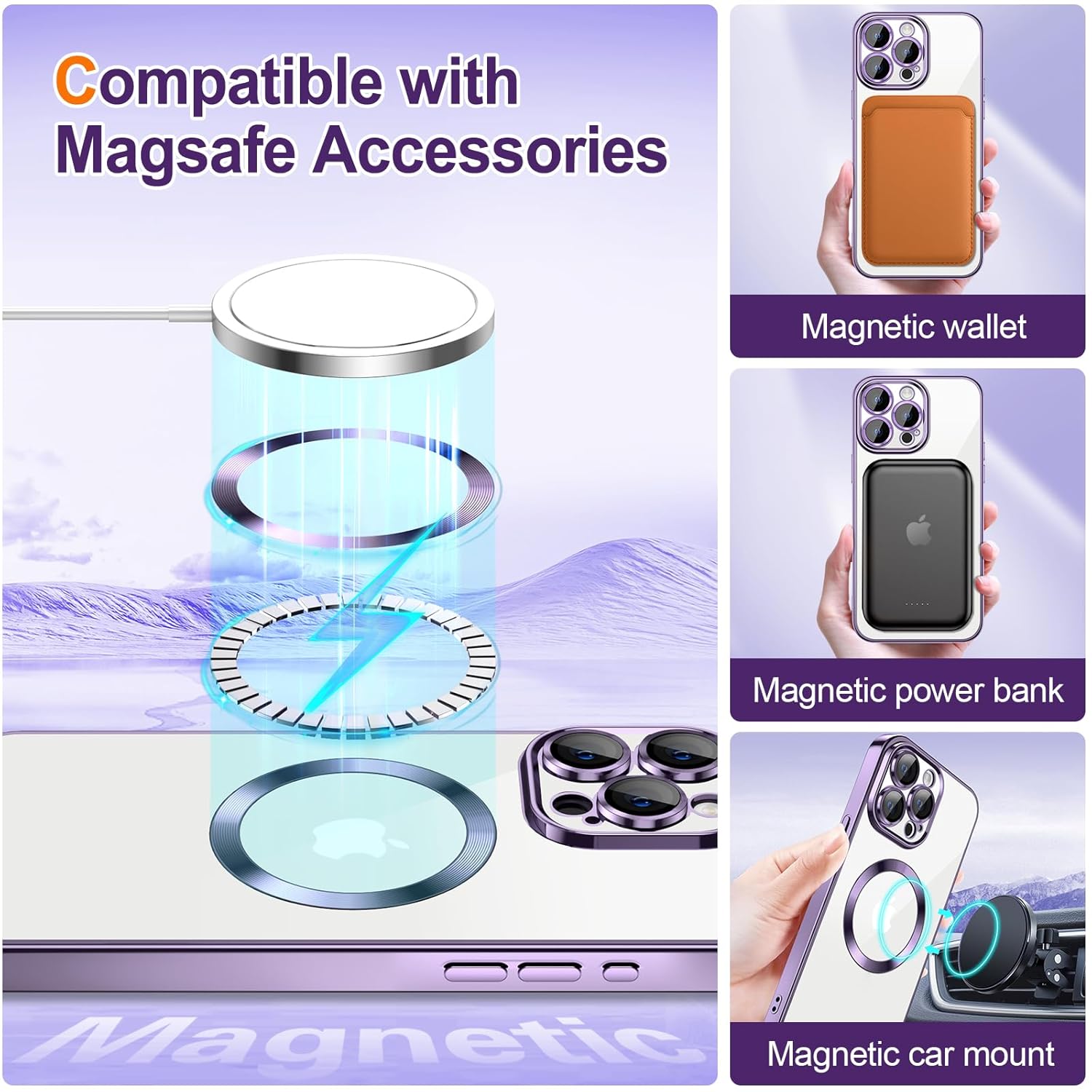Hython Hython iPhone 15 Pro Max Case Glitter Clear Magnetic Soft TPU Slim Shockproof Cover with Camera Lens Protector for Women Purple - View 5 of 6