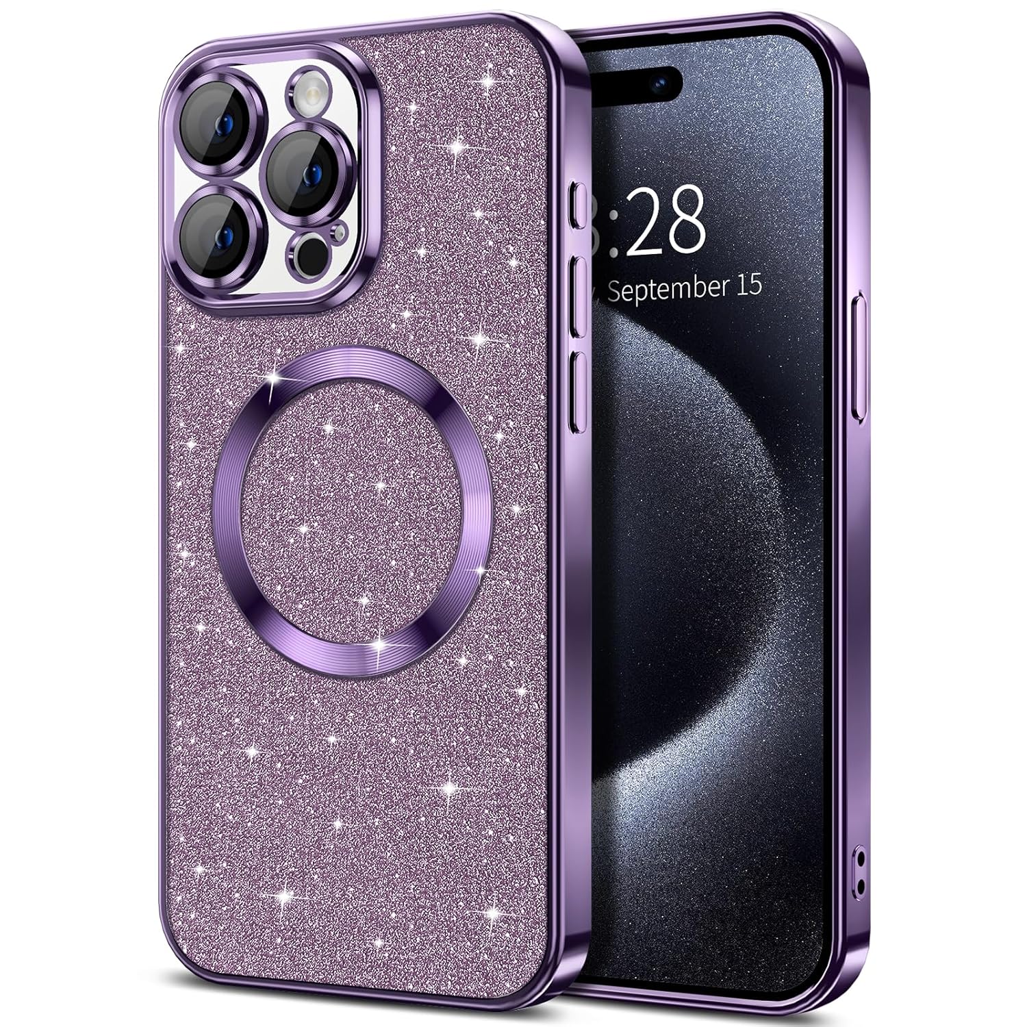 Hython Hython iPhone 15 Pro Max Case Glitter Clear Magnetic Soft TPU Slim Shockproof Cover with Camera Lens Protector for Women Purple