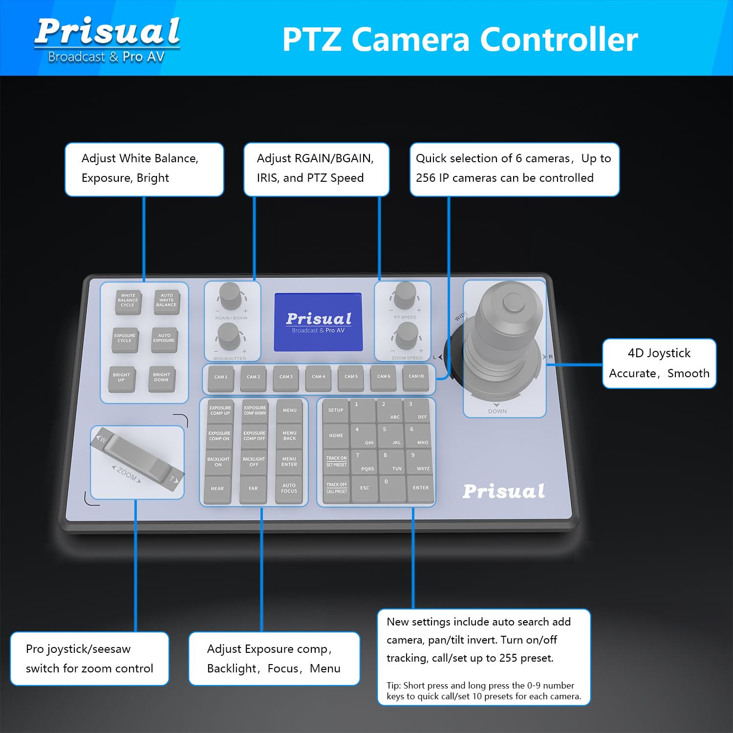 Prisual Prisual PTZ Camera Controller PoE 4D Joystick with LCD for Enhanced Church Live Streaming VISCA Pelco D P RS232 RS485 Compatibility - View 6 of 9