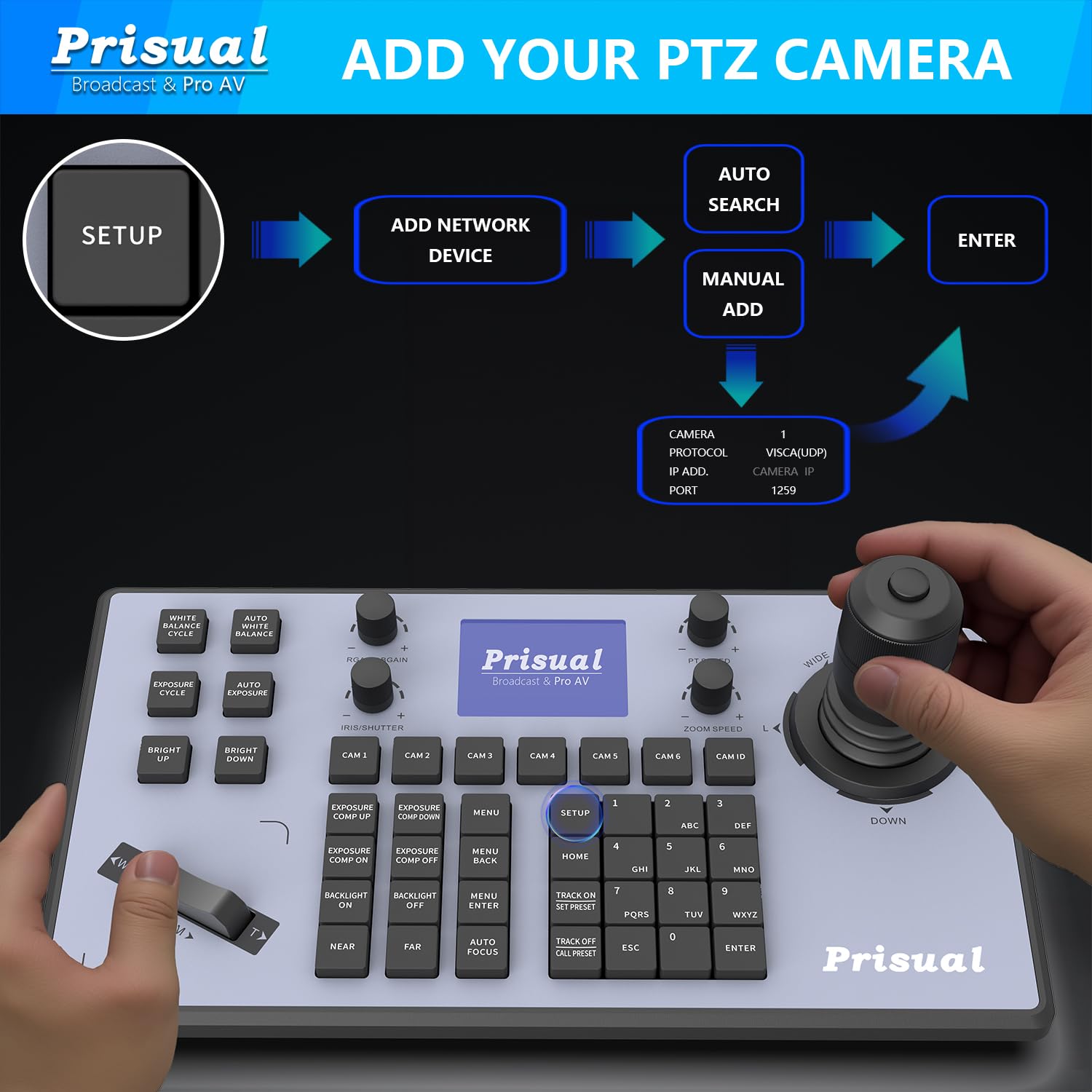 Prisual Prisual PTZ Camera Controller PoE 4D Joystick with LCD for Enhanced Church Live Streaming VISCA Pelco D P RS232 RS485 Compatibility - View 7 of 9