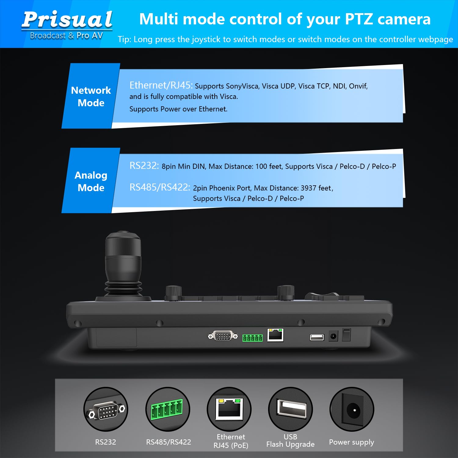 Prisual Prisual PTZ Camera Controller PoE 4D Joystick with LCD for Enhanced Church Live Streaming VISCA Pelco D P RS232 RS485 Compatibility - View 9 of 9