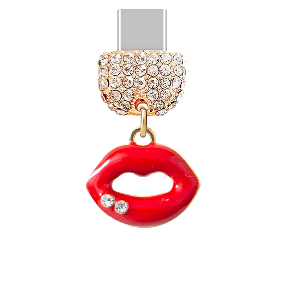 ELISE & FONDA ELISE FONDA TP280 Type-C Charging Port Crystal Anti Dust Plug Little Kiss Lip Charm for Samsung OnePlus Xiaomi Oppo iPhone 15 16 Red