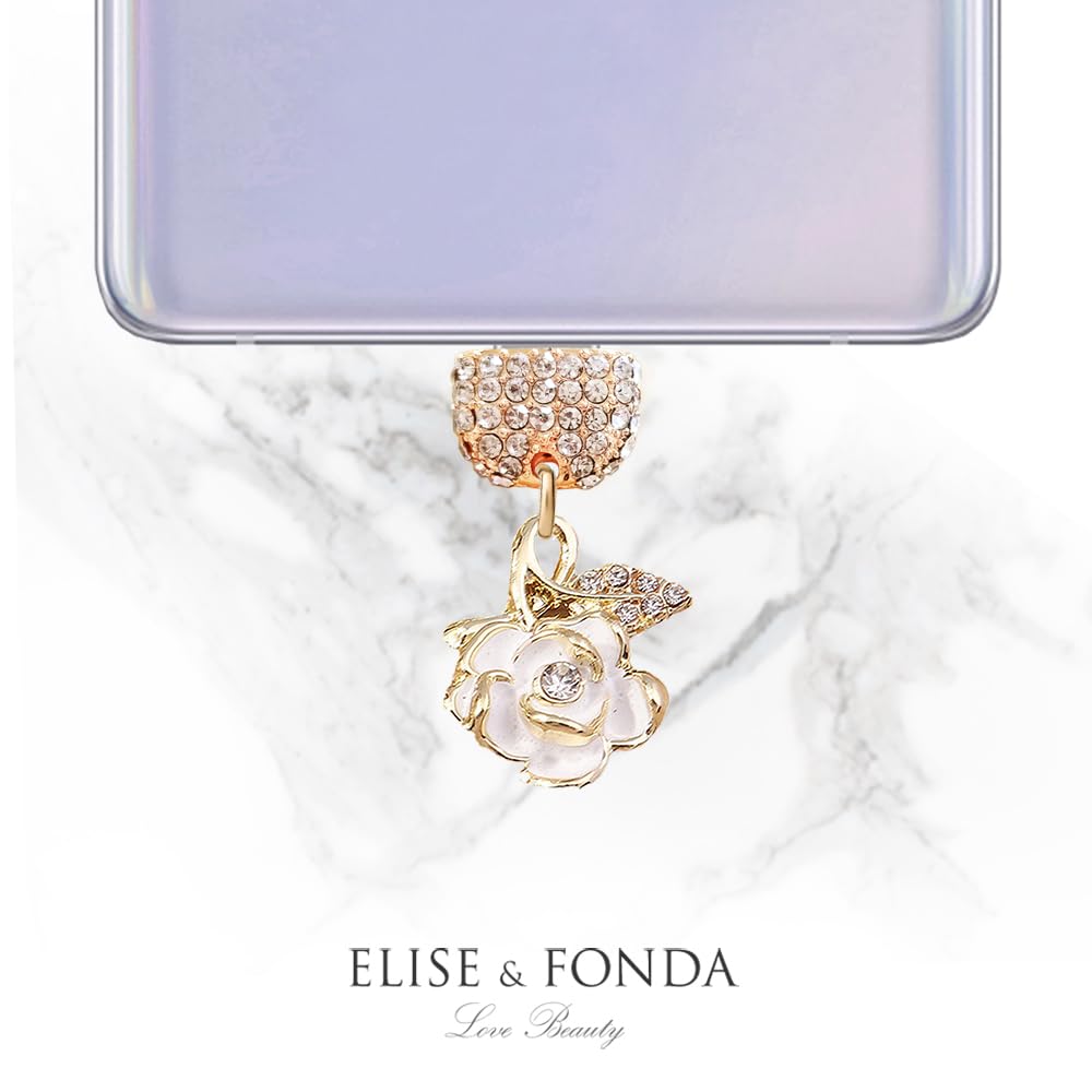ELISE & FONDA ELISE FONDA TP279 Type-C Charging Port Crystal Anti Dust Plug Rose Flower Charm for Samsung OnePlus Xiaomi Oppo iPhone 15 16 White - View 4 of 6