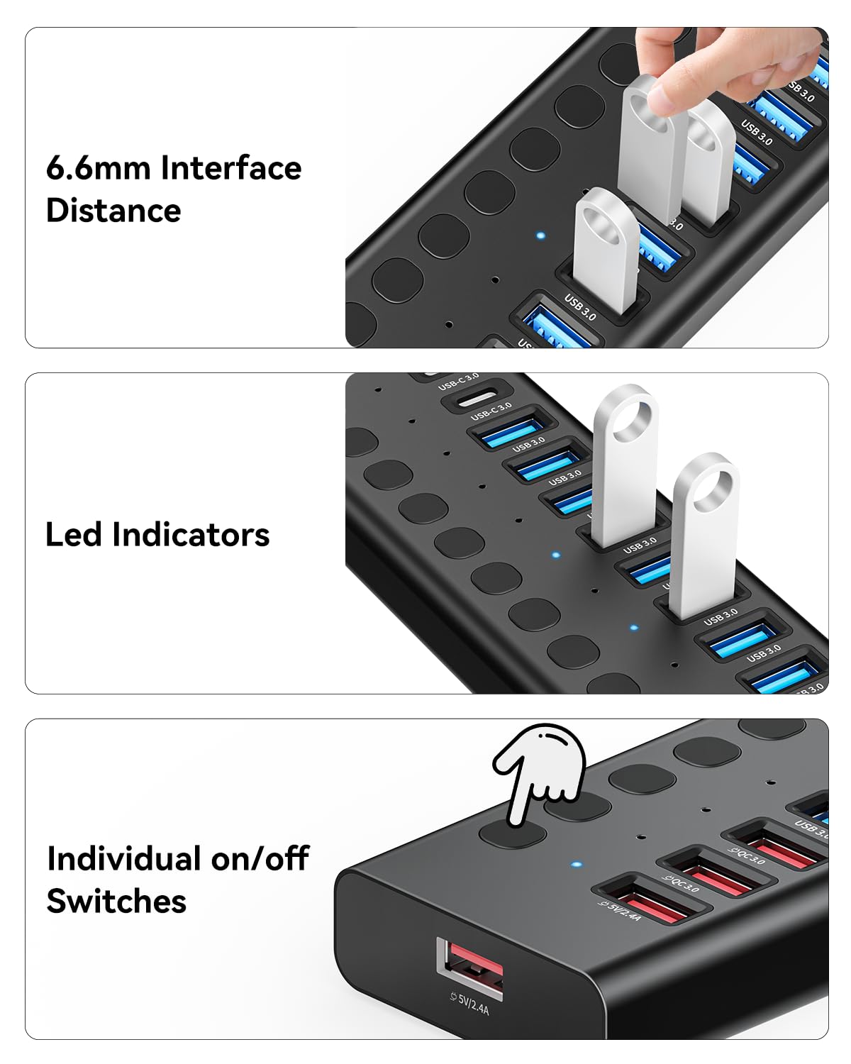 AGEEN 16-Port USB 3.0 Hub Splitter with Smart Charging and Individual Switches for Laptop Mac PC UL Certified Power Adapter - View 7 of 9