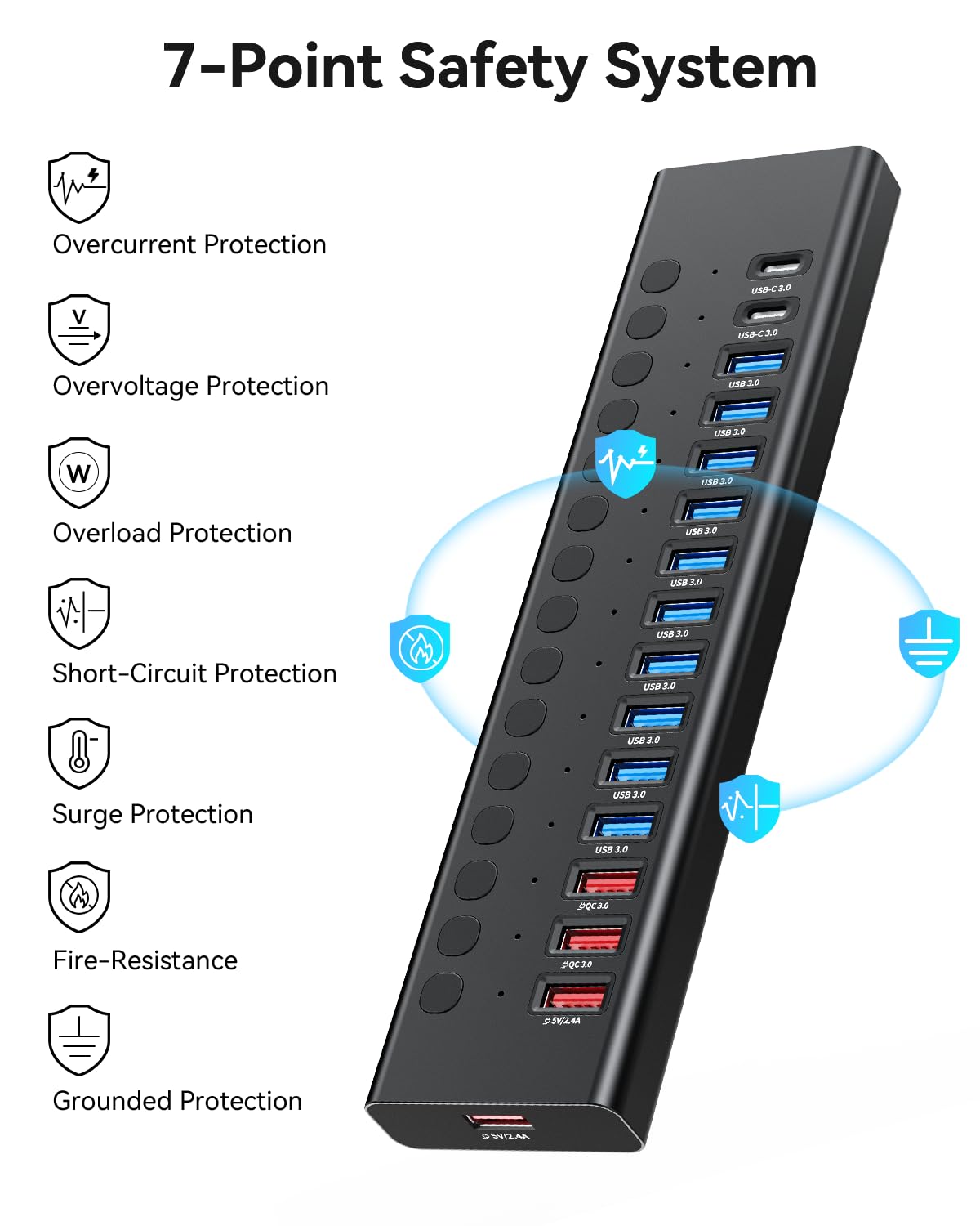 AGEEN 16-Port USB 3.0 Hub Splitter with Smart Charging and Individual Switches for Laptop Mac PC UL Certified Power Adapter - View 9 of 9