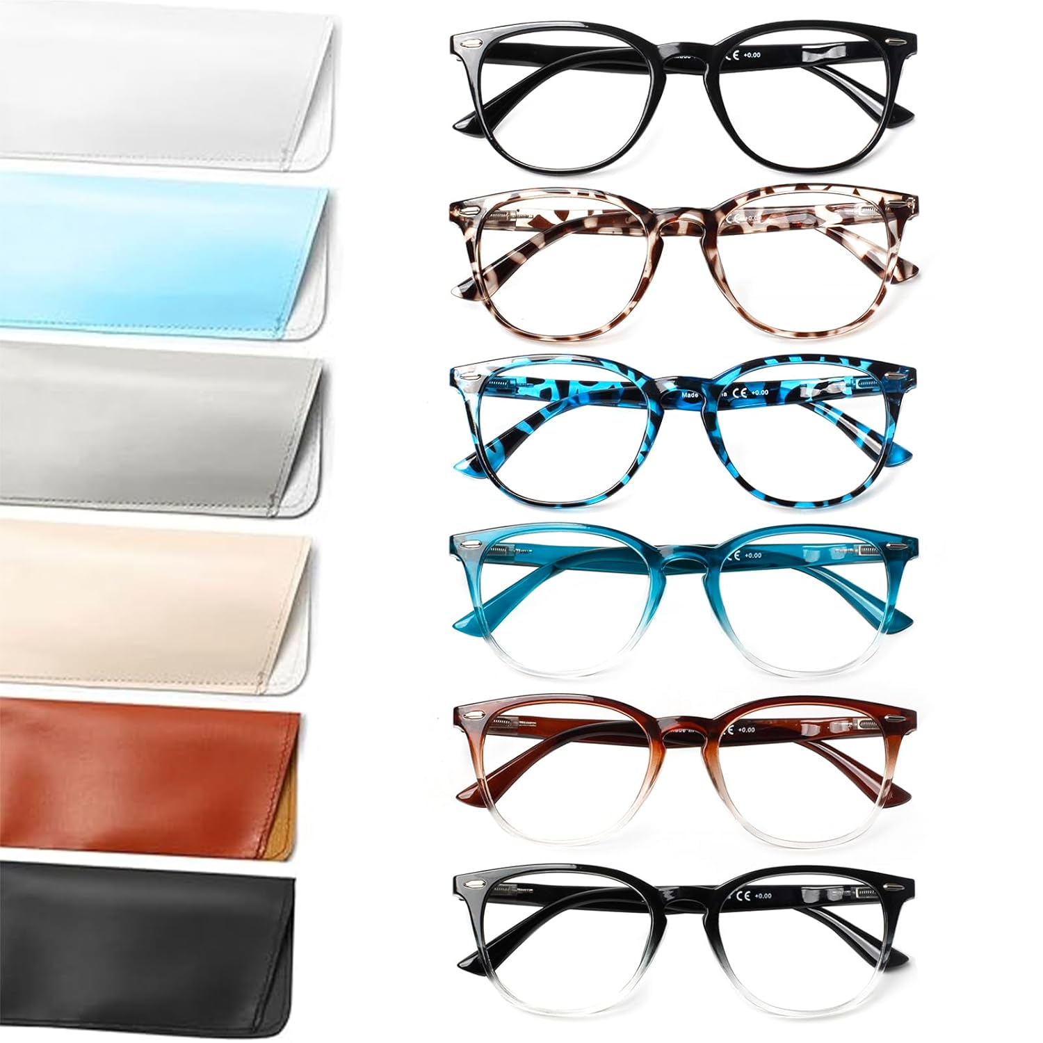 Henotin 6 Pack Reading Glasses for Women and Men Stylish Blue Light Blocking Computer Readers with Leather Case Multicolor 3 2.5 X
