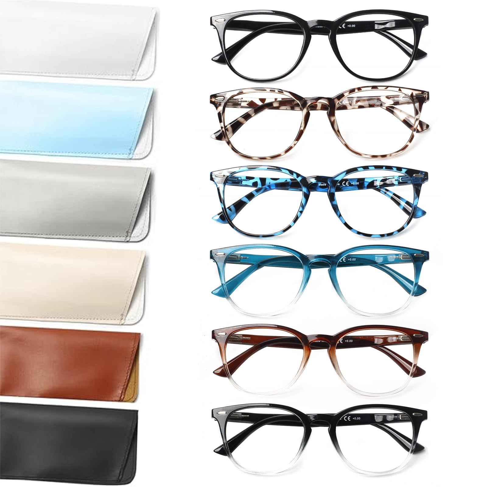 Henotin 6 Pack Reading Glasses for Women and Men Stylish Blue Light Blocking Computer Readers with Leather Case Multicolor 2.0 X