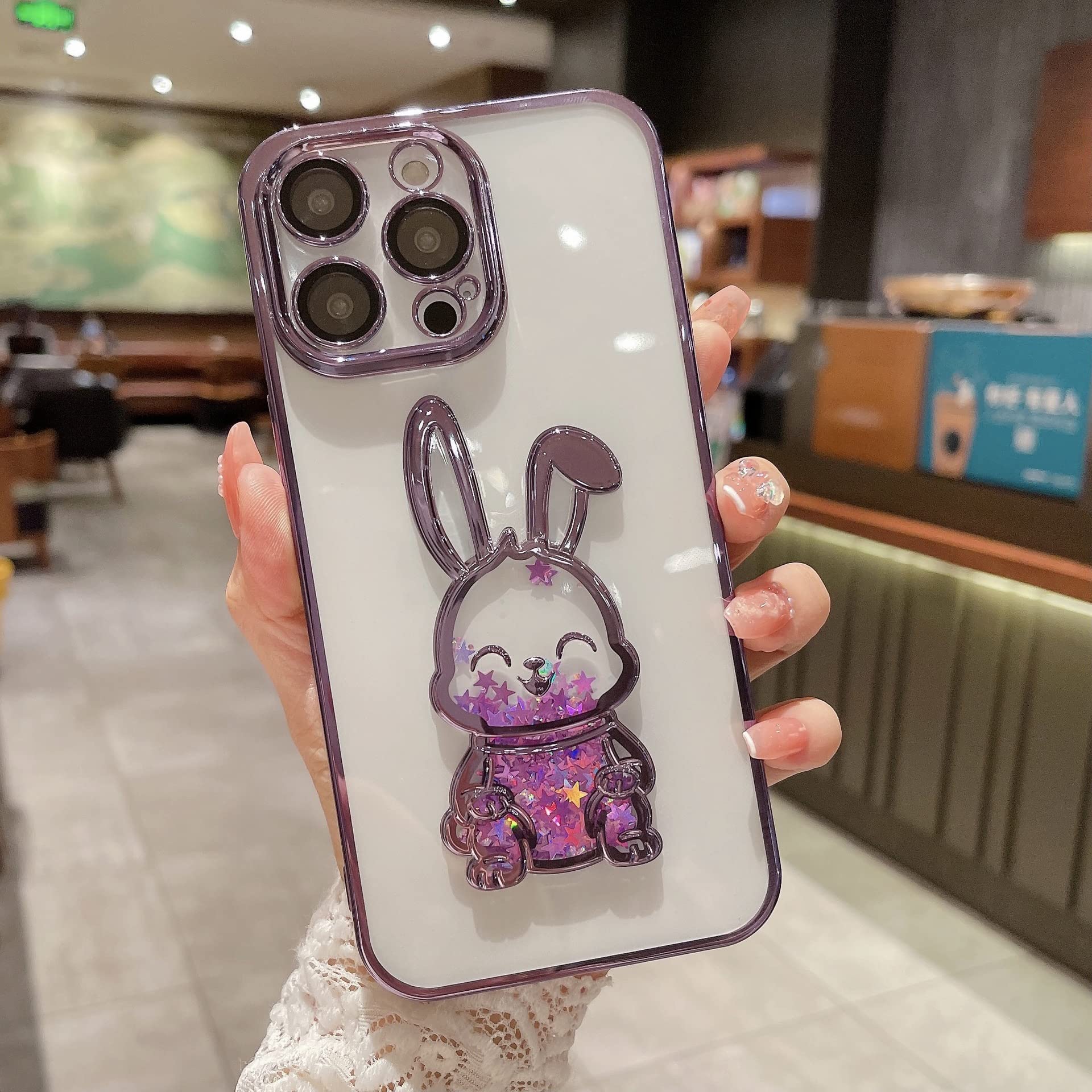 PHOEACC PHOEACC iPhone 15 Pro Max Case with Camera Lens Protector Luxury Clear Glitter Quicksand Cute Cover for Women Girls Rabbit Purple - View 3 of 7