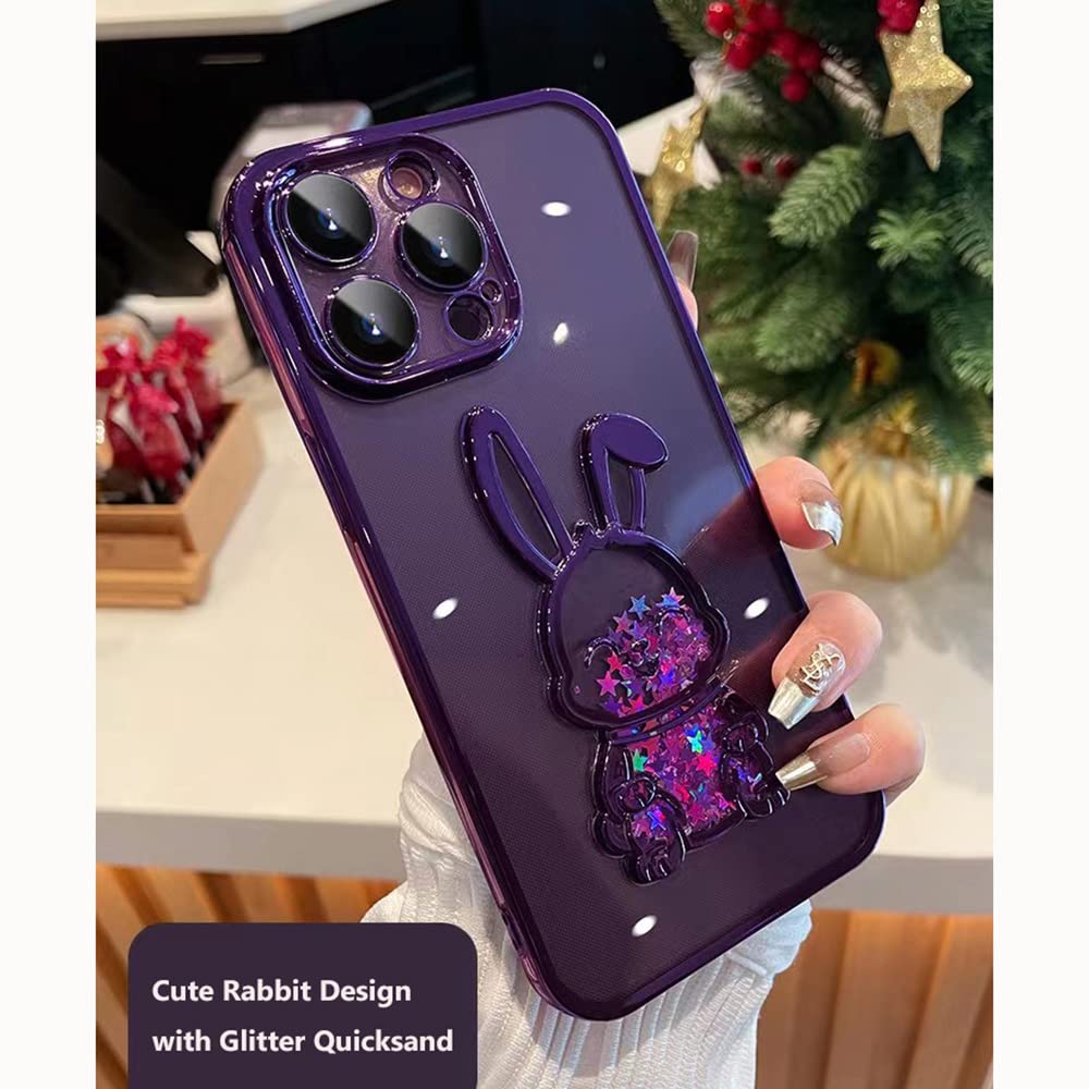 PHOEACC PHOEACC iPhone 15 Pro Max Case with Camera Lens Protector Luxury Clear Glitter Quicksand Cute Cover for Women Girls Rabbit Purple - View 4 of 7