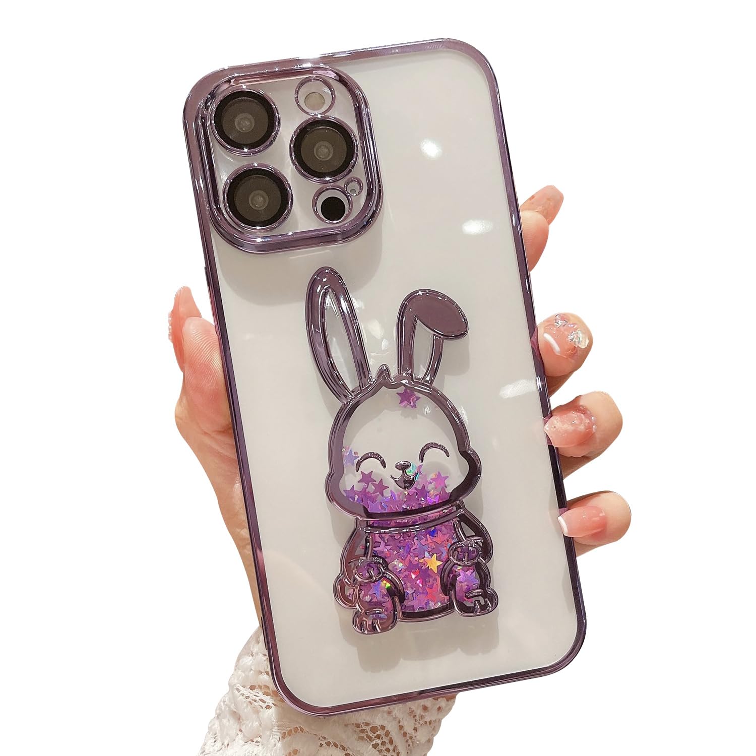 PHOEACC PHOEACC iPhone 15 Pro Max Case with Camera Lens Protector Luxury Clear Glitter Quicksand Cute Cover for Women Girls Rabbit Purple