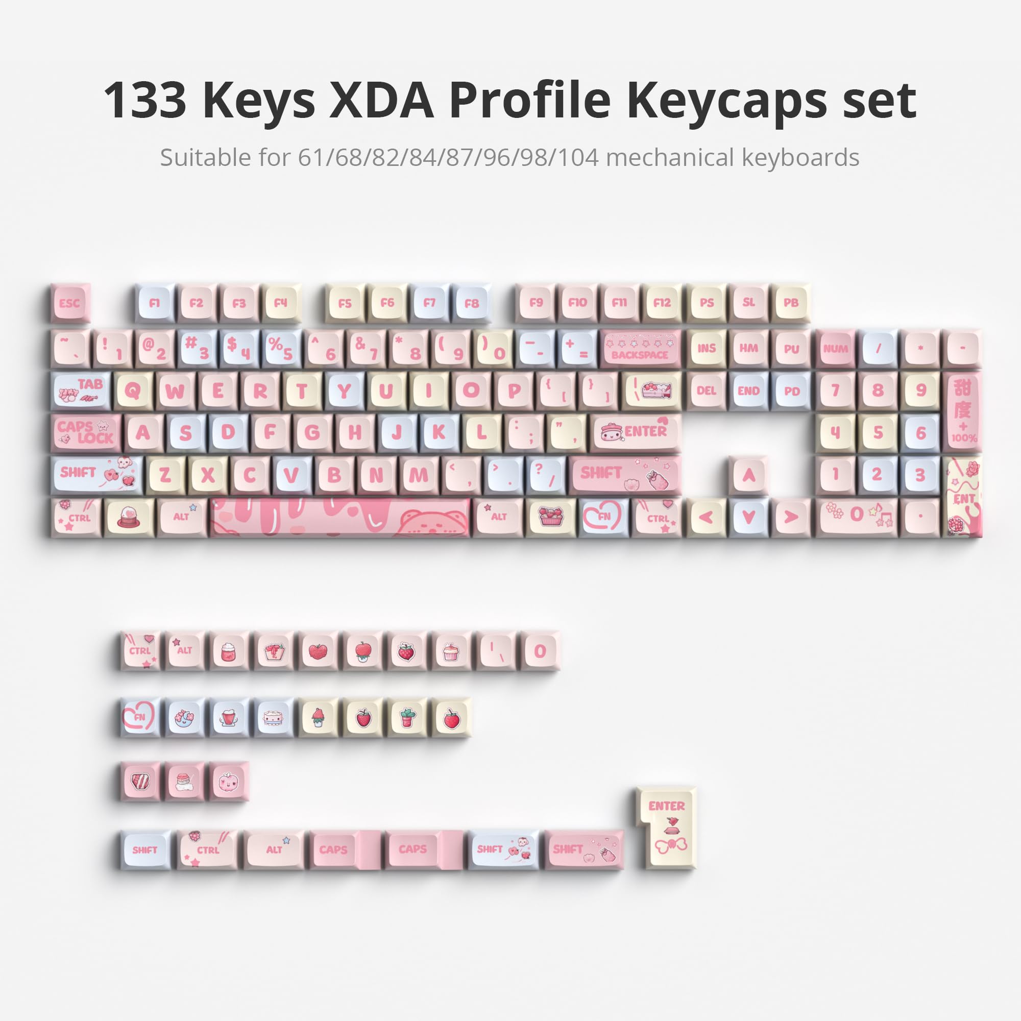 Ussixchare Ussixchare XDA Profile Keycaps 133 Keys PBT Dye Sublimation Custom Keycaps for Cherry Gateron MX Switches Cream Strawberry - View 7 of 7