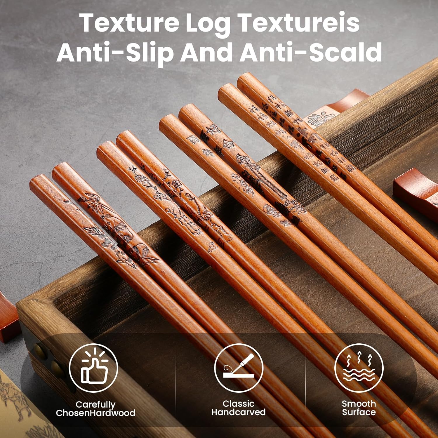 ZOMCHAIN Reusable Wooden Chopsticks Set with Holder and Case Dishwasher Safe Traditional Chinese Style 4 Pairs - View 2 of 9