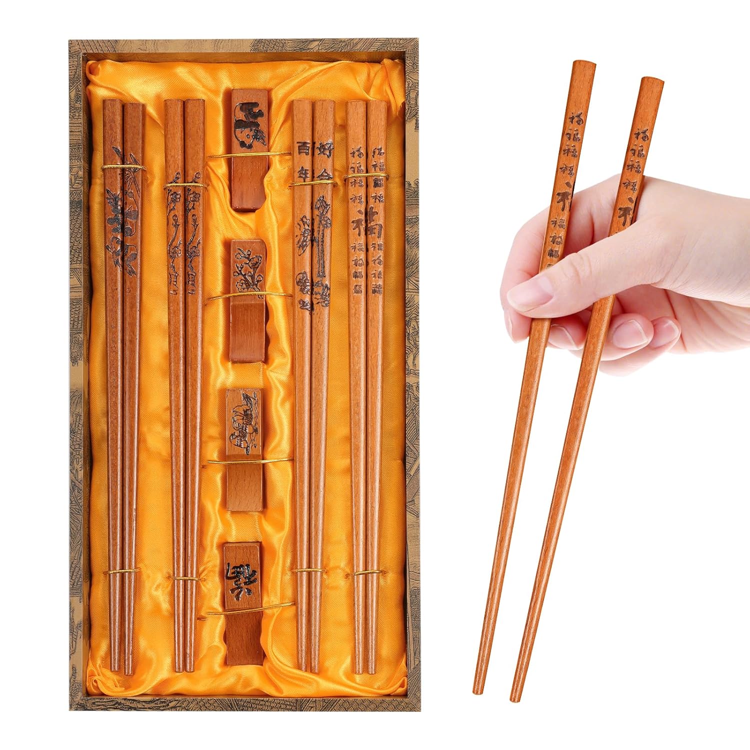 ZOMCHAIN Reusable Wooden Chopsticks Set with Holder and Case Dishwasher Safe Traditional Chinese Style 4 Pairs - View 3 of 9