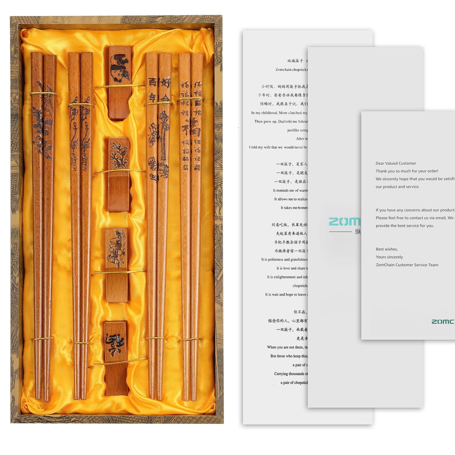 ZOMCHAIN Reusable Wooden Chopsticks Set with Holder and Case Dishwasher Safe Traditional Chinese Style 4 Pairs - View 7 of 9