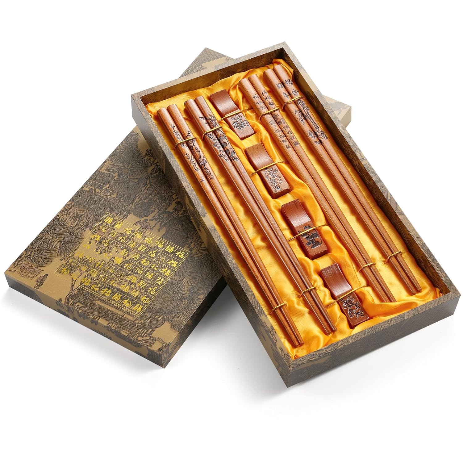 ZOMCHAIN Reusable Wooden Chopsticks Set with Holder and Case Dishwasher Safe Traditional Chinese Style 4 Pairs