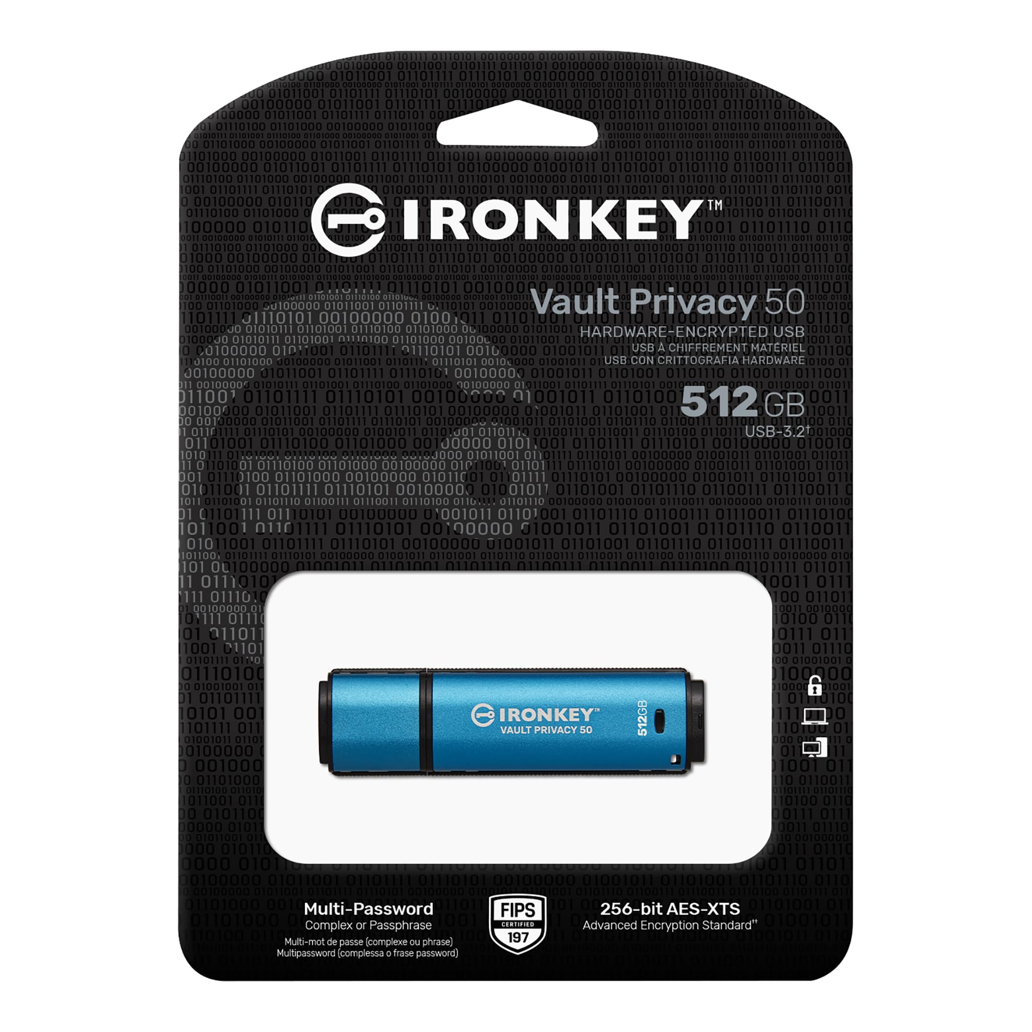 Kingston Kingston Ironkey Vault Privacy 50 512GB Encrypted USB-A Flash Drive FIPS 197 Certified with XTS-AES 256-bit Protection and Multi-Password Option - View 3 of 7
