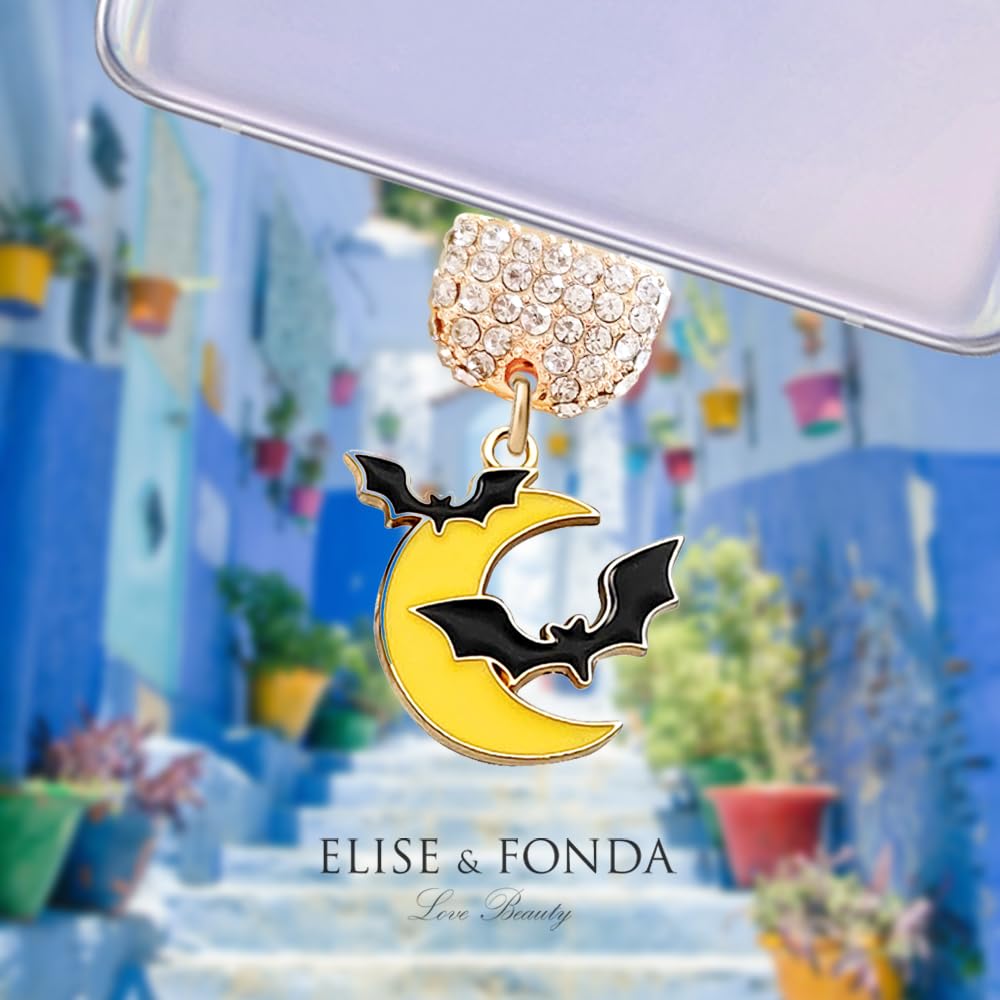ELISE & FONDA ELISE FONDA TP283 Type-C Charging Port Crystal Anti Dust Plug Halloween Moon Bat Cell Phone Charm for Android iPhone 15 16 Yellow - View 2 of 6