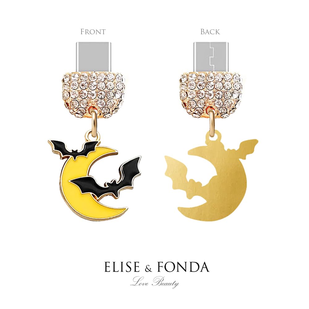 ELISE & FONDA ELISE FONDA TP283 Type-C Charging Port Crystal Anti Dust Plug Halloween Moon Bat Cell Phone Charm for Android iPhone 15 16 Yellow - View 3 of 6