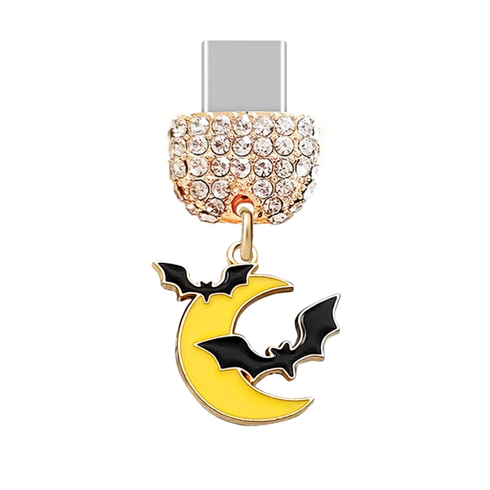 ELISE & FONDA ELISE FONDA TP283 Type-C Charging Port Crystal Anti Dust Plug Halloween Moon Bat Cell Phone Charm for Android iPhone 15 16 Yellow