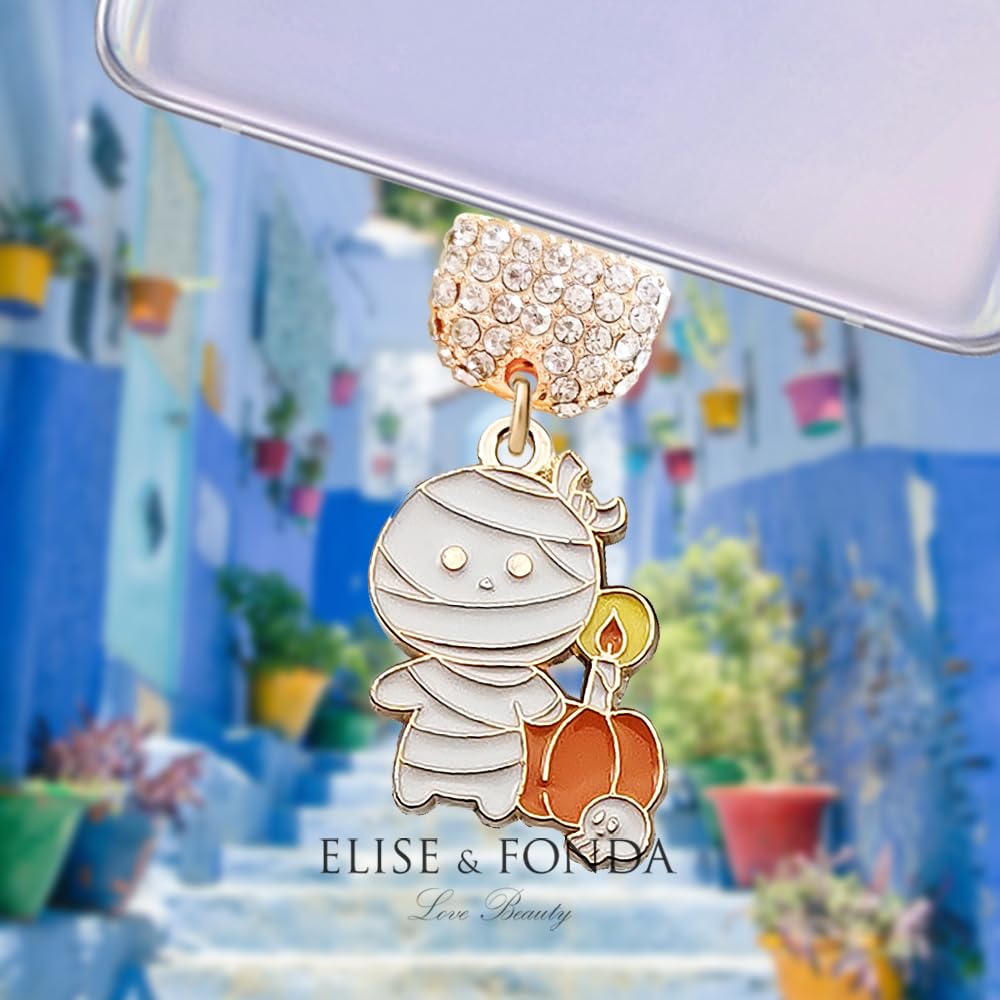 ELISE & FONDA ELISE FONDA TP285 Type-C Charging Port Crystal Anti Dust Plug Mummy Pumpkin Charm for Samsung OnePlus Xiaomi Oppo iPhone 15 16 White - View 2 of 6