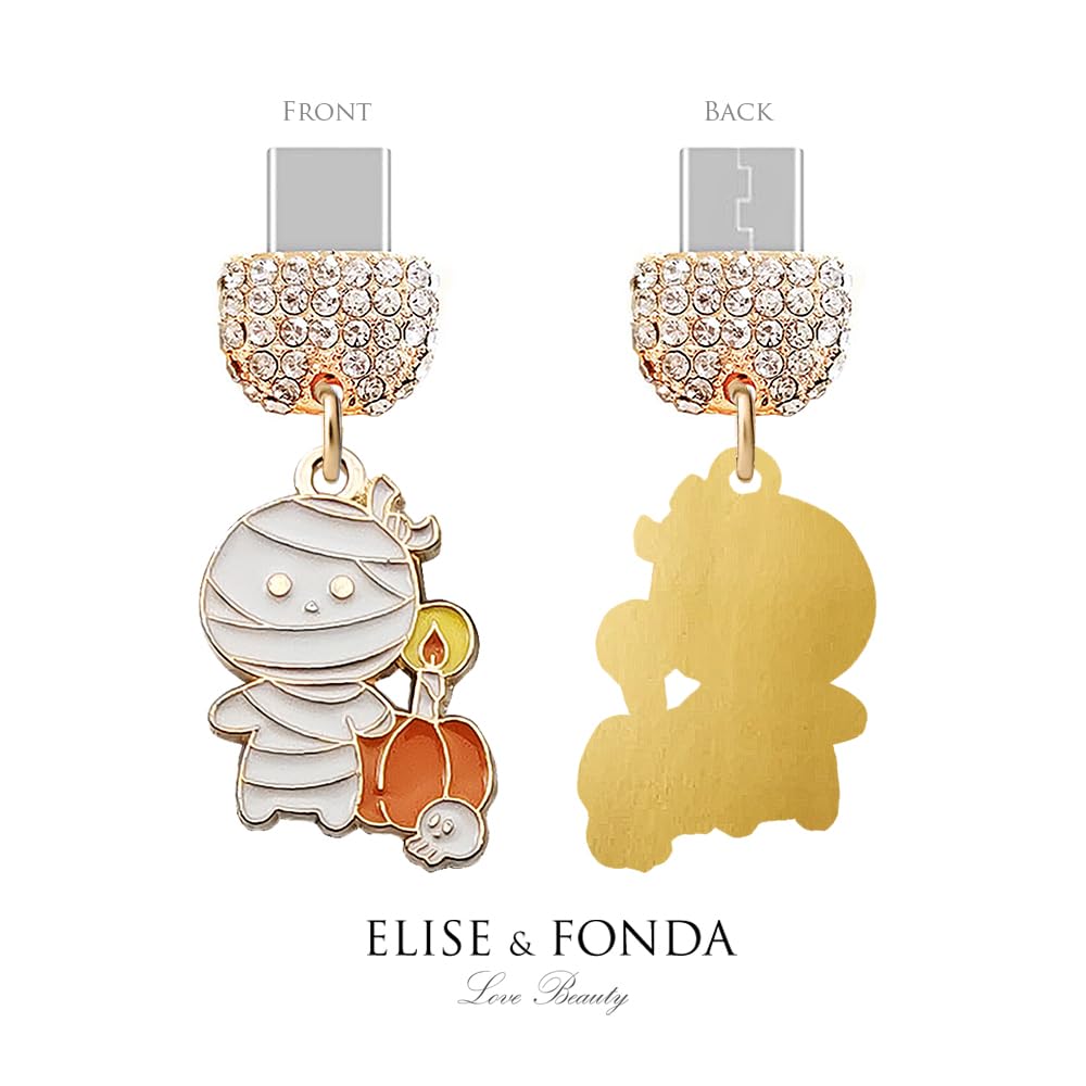 ELISE & FONDA ELISE FONDA TP285 Type-C Charging Port Crystal Anti Dust Plug Mummy Pumpkin Charm for Samsung OnePlus Xiaomi Oppo iPhone 15 16 White - View 3 of 6