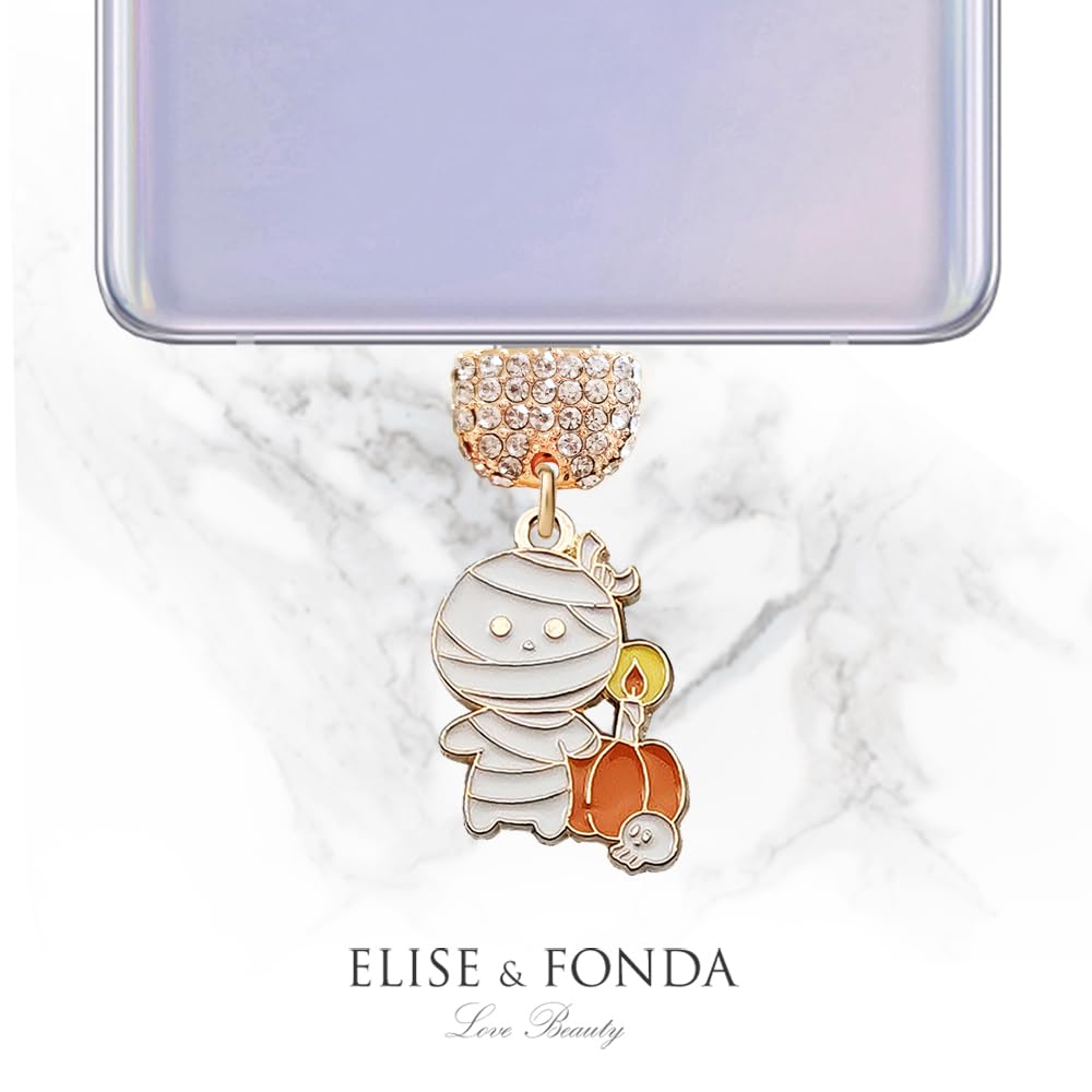 ELISE & FONDA ELISE FONDA TP285 Type-C Charging Port Crystal Anti Dust Plug Mummy Pumpkin Charm for Samsung OnePlus Xiaomi Oppo iPhone 15 16 White - View 4 of 6