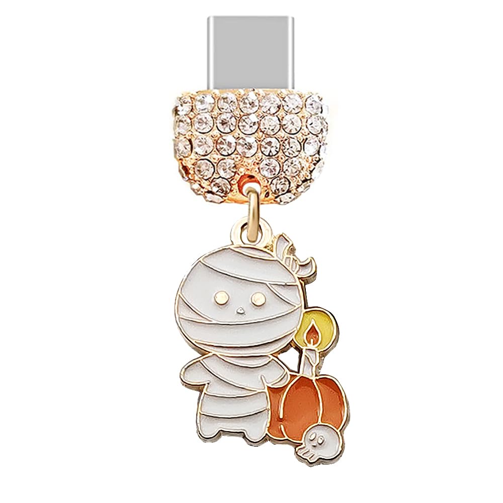 ELISE & FONDA ELISE FONDA TP285 Type-C Charging Port Crystal Anti Dust Plug Mummy Pumpkin Charm for Samsung OnePlus Xiaomi Oppo iPhone 15 16 White