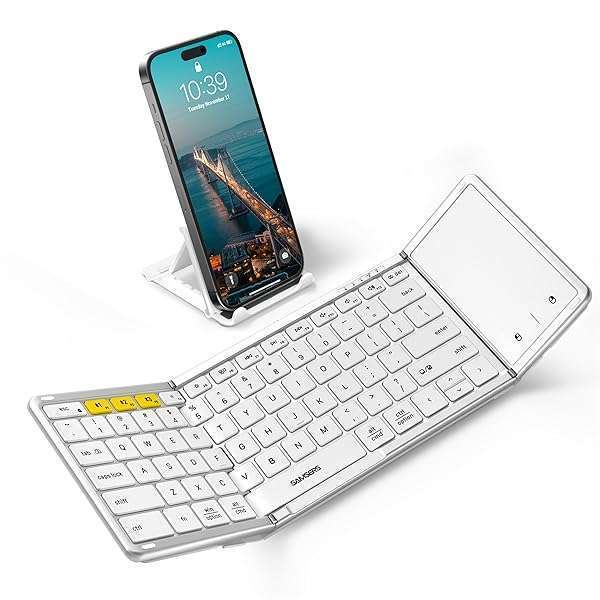 Samsers Samsers Foldable Bluetooth Keyboard with Touchpad, Full-Size Wireless Folding Keyboard with PU Leather, Portable Travel Keyboard for iOS Android Windows Mac OS, Support 3 Devices (BT5.1 x 3), Silver