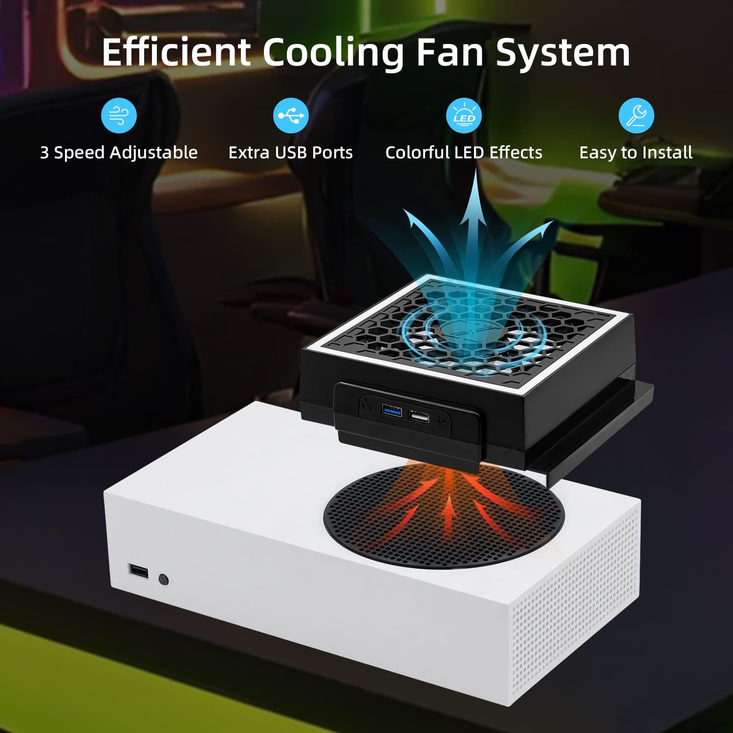Mcbazel Mcbazel Cooling Fan for Xbox Series S with RGB LED Display Low Noise and 2 USB Ports Adjustable Speed External Cooler Fan Black - View 2 of 9
