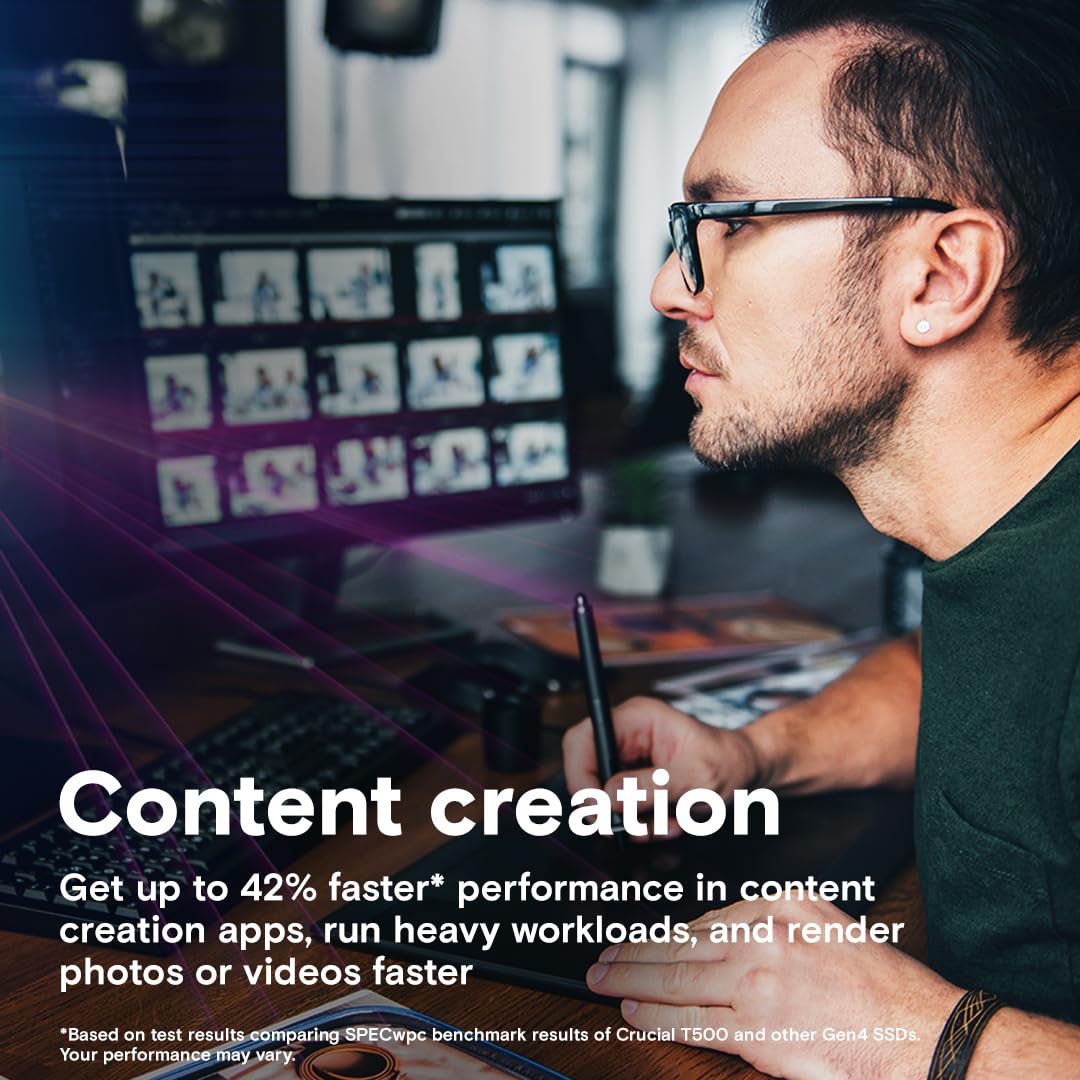 Crucial Crucial T500 2TB Gen4 NVMe M.2 Internal Gaming SSD Up to 7400MB/s for Laptops and Desktops with 1 Month Adobe CC All Apps - View 4 of 6
