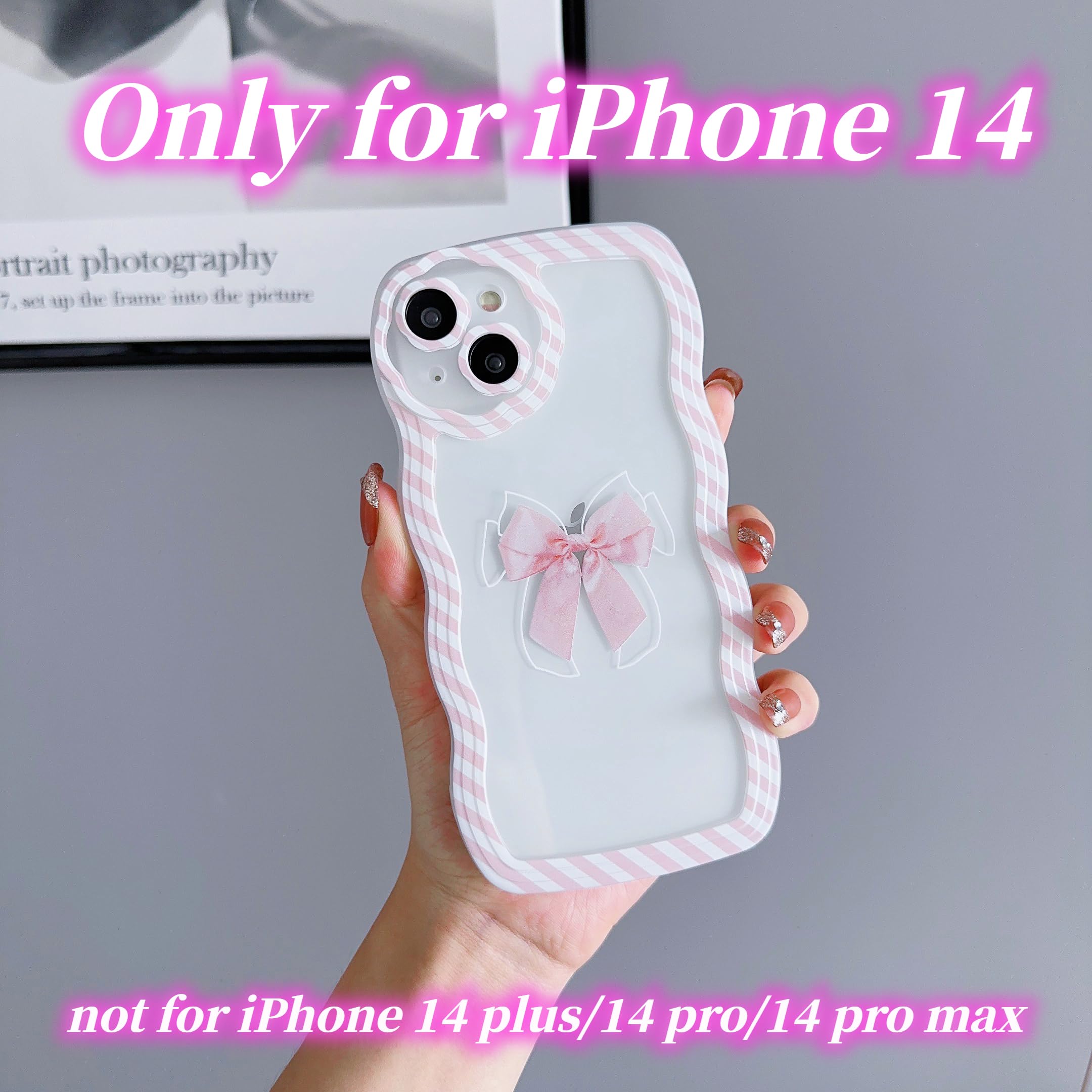 UICEAM UICEAM Clear iPhone 14 Case with Bow Design for Women Girls Soft Shockproof Cover Pink Aesthetic Stripe Frame 6.1 Inch - View 3 of 6